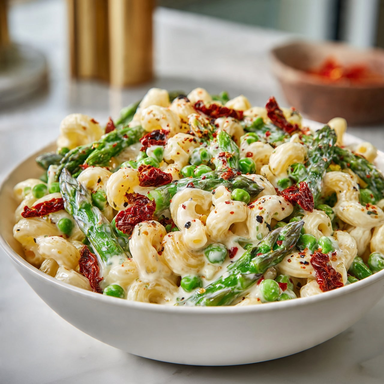 A large bowl holds a creamy pasta salad made with elbow macaroni mixed with bright green peas and whole asparagus spears. The pasta is coated in a white creamy sauce with a smooth texture, dotted with small red chili flakes and black pepper. Scattered on top are vibrant, deep red sun-dried tomato pieces, adding a rich contrast to the creamy and green elements. The bowl is white, set on a white marbled surface, and the background shows a soft, warm kitchen scene. photo taken with an iphone --ar 4:5 --v 7