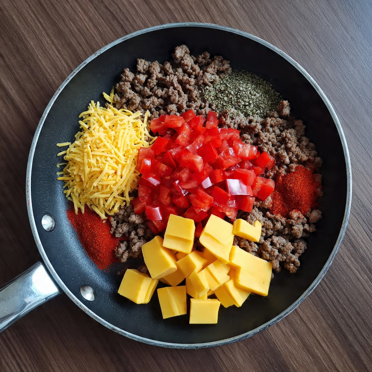 In a black frying pan with a silver handle, the bottom layer is finely cooked ground beef, spread evenly. On top of the beef, there is a pile of bright red diced tomatoes with visible bits of green, placed on the left side. Next to the tomatoes, on the right side, there are medium-sized yellow cheese cubes stacked together. In between the cheese and beef, towards the top center, there is a small heap of red spice powder. The pan is placed on a smooth wooden surface. photo taken with an iphone --ar 4:5 --v 7