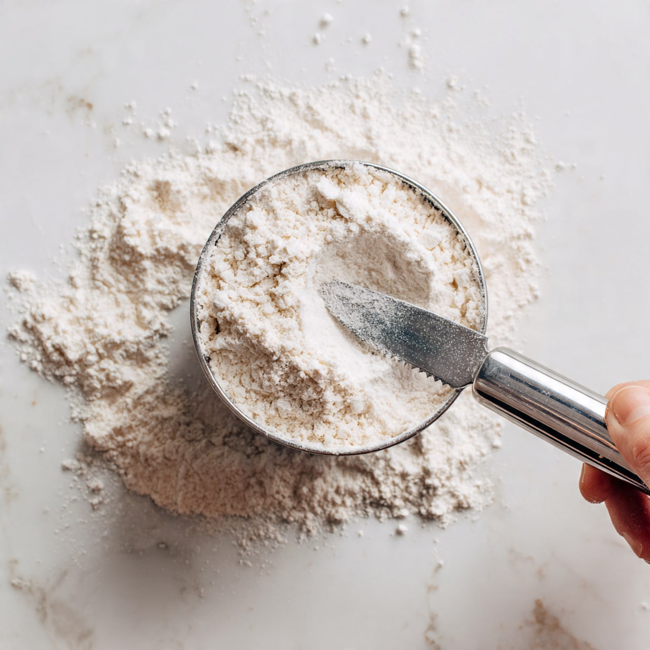 The image shows a close-up view of a silver metal cup filled to the top with white flour, with some flour spilled around the cup on a white marbled surface. A knife is held by a woman's hand on the right side, using the blade to level the flour in the cup. The flour has a soft, powdery texture, and the metal cup has a smooth, slightly reflective surface. The overall scene has a bright, clean look with the white marbled background giving a fresh kitchen vibe photo taken with an iphone --ar 4:5 --v 7