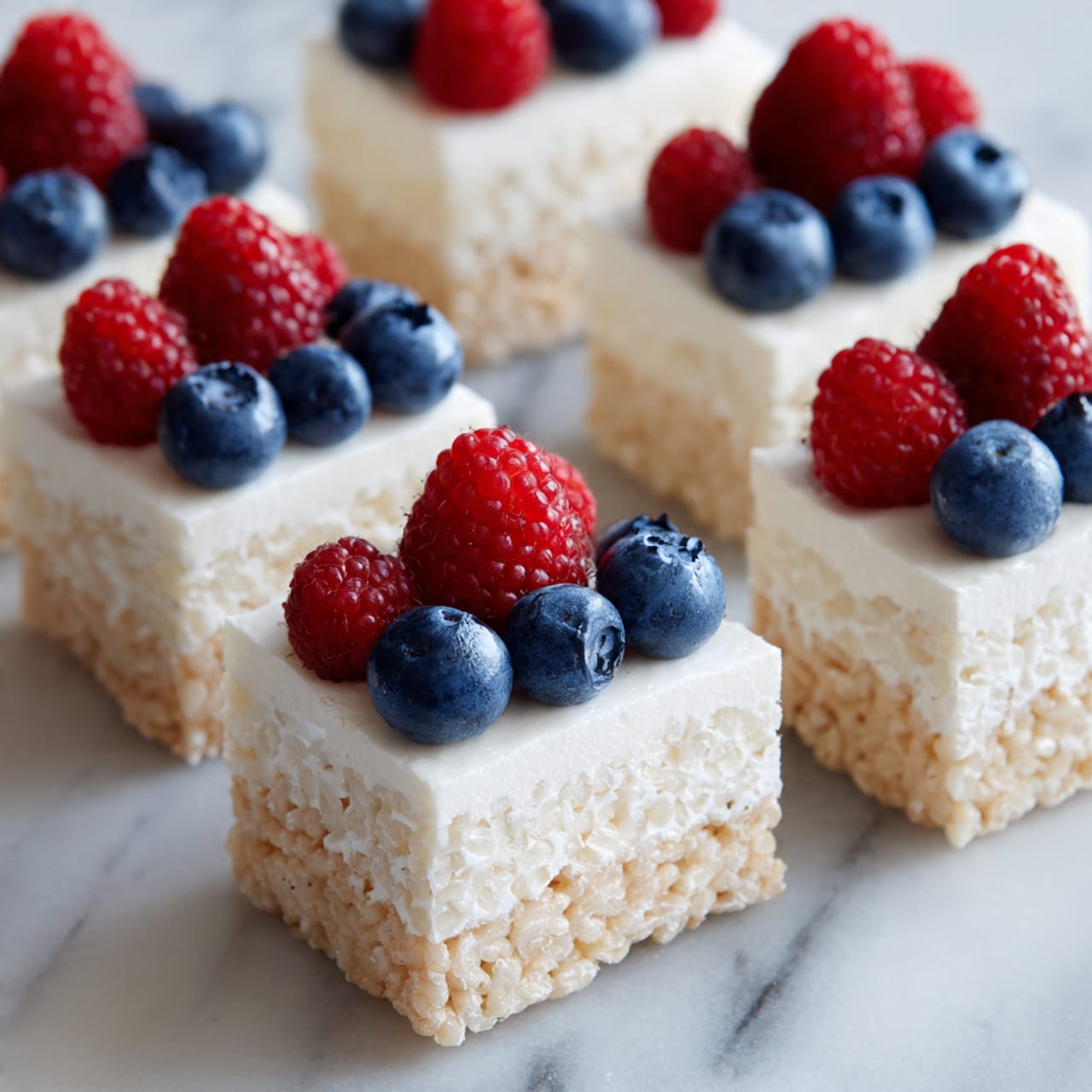 The image shows several square dessert bars arranged on a white marbled surface. Each bar has two layers: a bottom layer that is light brown and textured, resembling a crispy rice treat, and a top layer that is smooth and white, like cream or frosting. On the white layer, each bar is decorated with fresh blueberries and raspberries, with the berries placed in small groups, adding bright red and deep blue colors to the dessert. The bars are cleanly cut and neatly spaced. photo taken with an iphone --ar 4:5 --v 7