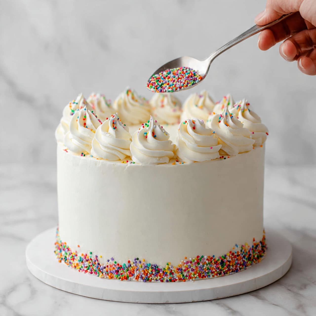 A tall, round cake with smooth white frosting covers its three layers, topped with eight swirls of white cream forming a ring near the edge. Each swirl is sprinkled with small, bright, round multicolored sprinkles. A circle of the same sprinkles decorates the base of the cake on a white board, all placed on a white marbled surface. Above the cake, a spoon held by a woman's hand is sprinkling more colorful small round sprinkles onto the cream swirls. Photo taken with an iphone --ar 4:5 --v 7