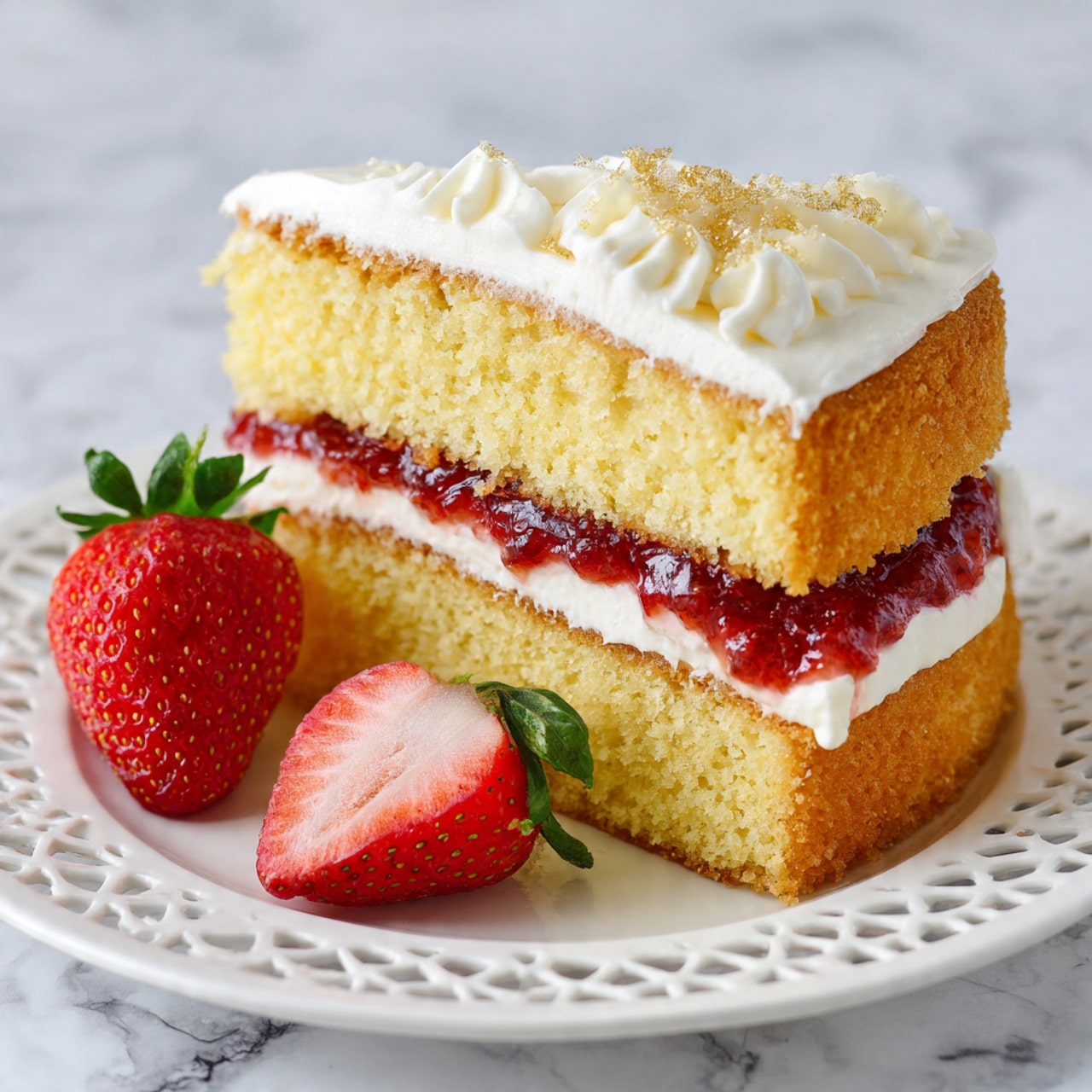 A slice of two-layer yellow sponge cake with white cream and red strawberry jam in the middle, placed on a white plate with cut-out patterns. The top layer has a smooth white cream coating. Next to the cake slice are two fresh strawberries, one whole and one sliced, both with green leaves. The plate sits on a white marbled surface. Photo taken with an iphone --ar 4:5 --v 7
