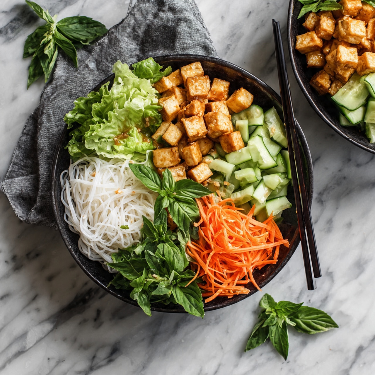 Two black bowls sit on a white marbled surface, each filled with layers of food. The bottom layer is white thin noodles, topped with light green shredded lettuce on one side. Next to the lettuce are thin, long strips of bright orange carrot and light green cucumber sticks arranged in separate sections. On top are cubes of golden-brown tofu covered with a light brown sauce, and fresh green basil leaves garnish the dish. One bowl has black chopsticks resting on its edge. A gray cloth is placed near the top bowl and some green herbs are scattered on the marble. Photo taken with an iphone --ar 4:5 --v 7