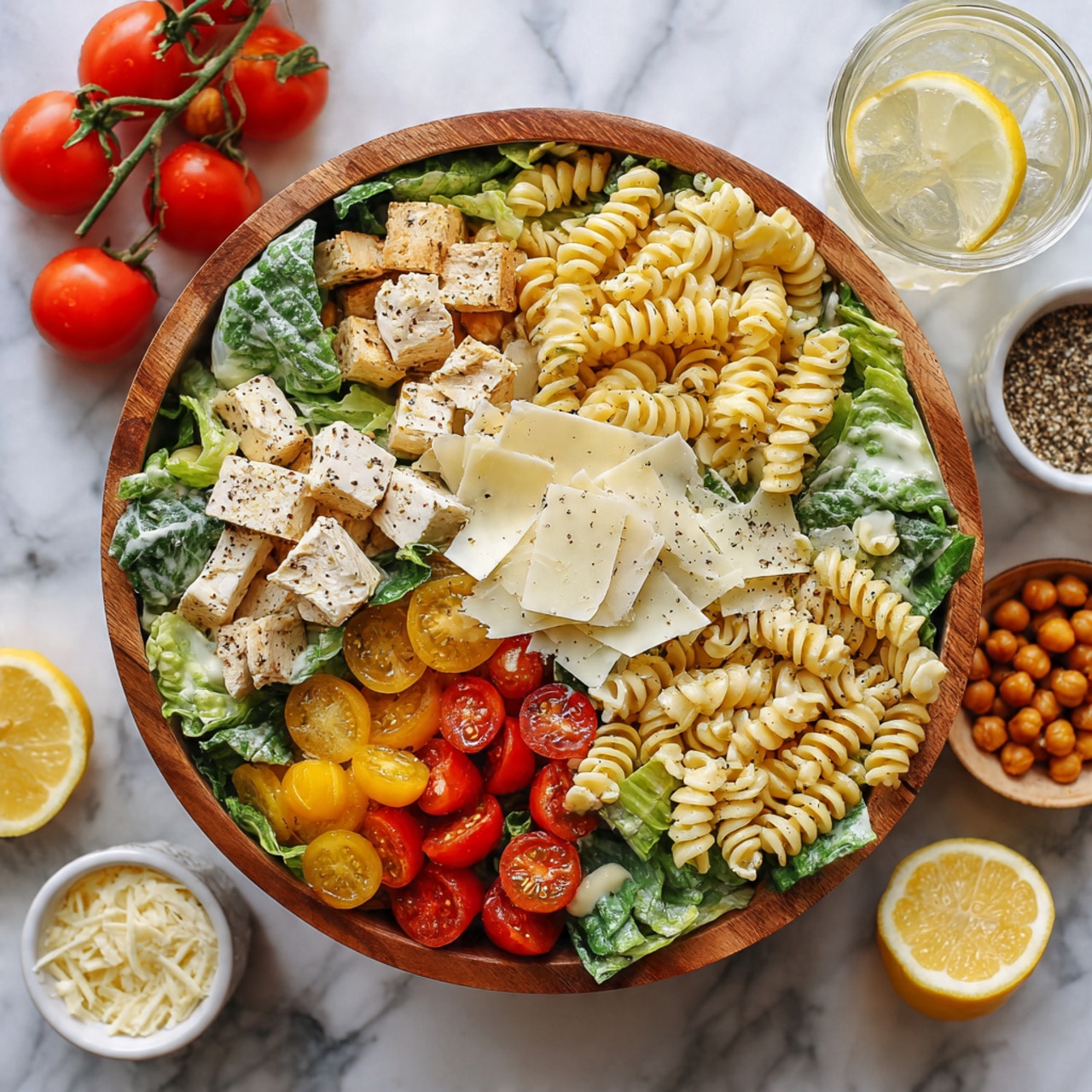 A wooden bowl filled with a layered salad starting from a base of green romaine lettuce leaves, mixed with yellow and red cherry tomato halves and bite-sized white chunks of tofu scattered throughout. Twisted pale yellow pasta spirals and golden-brown roasted chickpeas are placed evenly over the salad. Thin, wide shavings of light beige cheese are spread on top, all coated in a creamy white dressing, sprinkled with black pepper. Surrounding the bowl on a white marbled surface are small white bowls holding grated cheese and roasted chickpeas, lemon wedges, a glass of ice water with a lemon slice, and a bunch of tomatoes. Photo taken with an iphone --ar 4:5 --v 7