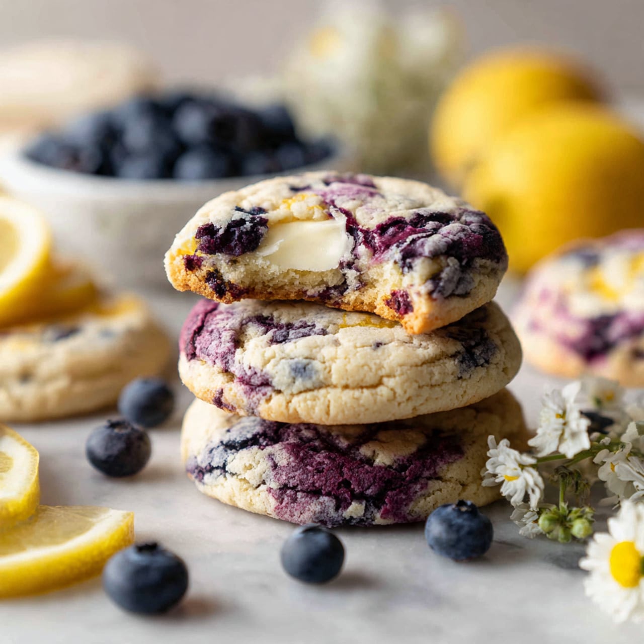 The image shows a stack of three blueberry cookies with one cookie on top that has a bite taken out, revealing a soft, creamy white inside. The cookies have a marbled look with light beige and deep blue-purple spots from the blueberries. Around the stack, there are more cookies spread out on a white marbled surface, along with fresh blueberries and lemon slices that add bright blue and yellow colors. In the background, a white plate filled with blueberries is slightly out of focus, adding depth to the scene. A small white and yellow flower is placed near the lemon slices for decoration. Photo taken with an iphone --ar 4:5 --v 7
