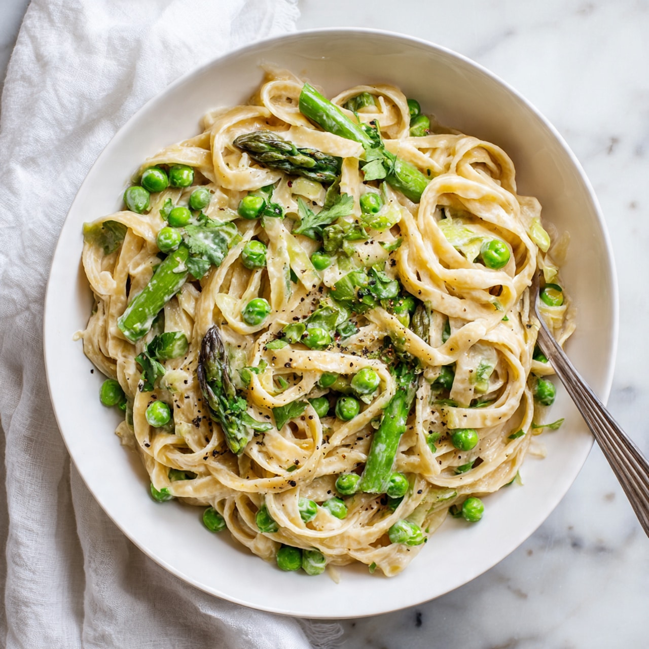 A white bowl holds a creamy pasta dish with about two layers of thick fettuccine noodles that are light beige in color. Mixed through the noodles are bright green peas and chopped asparagus pieces adding fresh green pops of color throughout. There are also small bits of pale green leafy vegetables scattered on top and mixed in. The dish is lightly sprinkled with ground black pepper, adding specks of dark color contrast. The bowl sits on a white marbled surface with a white cloth nearby. Photo taken with an iphone --ar 4:5 --v 7