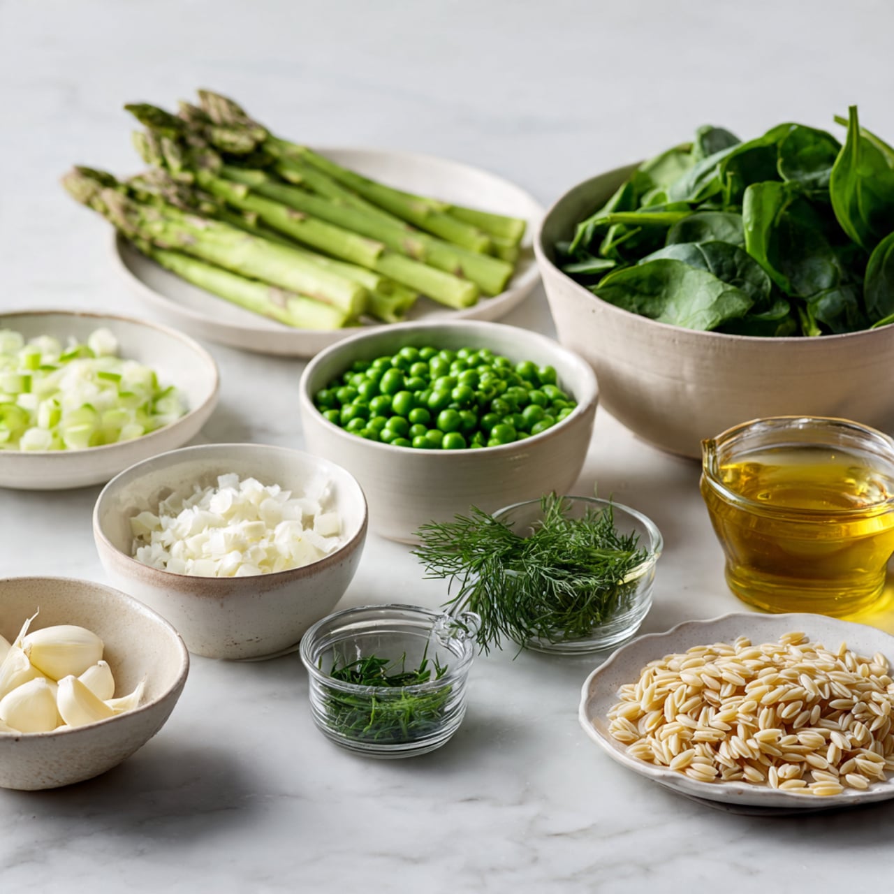 A white marbled surface holds several small bowls and plates with fresh cooking ingredients arranged neatly. At the front left, a small white bowl contains white chopped garlic, next to a larger white bowl filled with light green chopped leeks. Behind them is a white plate with green asparagus spears lined up. Towards the center, there is a clear glass bowl full of bright green peas, and a small clear glass cup holding golden olive oil. To the right, a large beige bowl is full of dark green fresh spinach leaves. Further right is a clear glass measuring cup with light brown chicken broth and in front of it, a small clear glass holds fresh green herbs including dill and parsley. At the front right, a small white plate has uncooked light brown orzo pasta piled in the middle. The background is simple and neutral, enhancing the freshness of the ingredients. Photo taken with an iphone --ar 4:5 --v 7