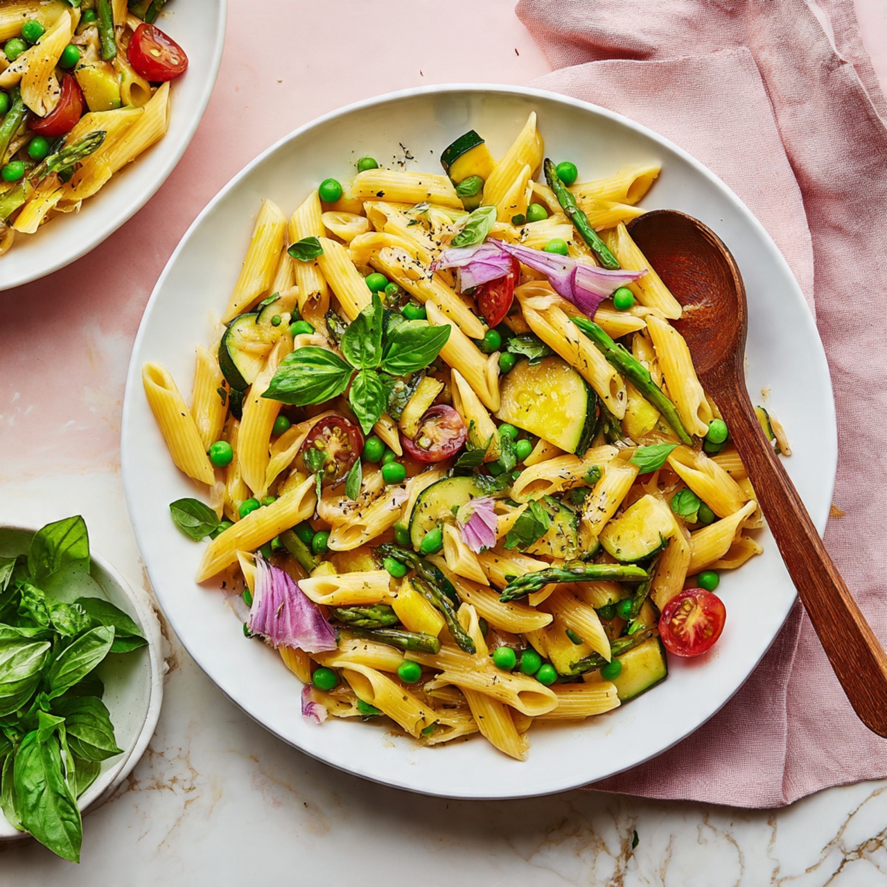 A white plate filled with a colorful pasta salad made of yellow penne pasta mixed with green peas, asparagus, slices of green zucchini and yellow squash, halved red cherry tomatoes, and thin slices of purple onion. The pasta salad is topped with fresh green basil leaves and sprinkled with small bits of white cheese and black pepper. A wooden spoon is resting on the plate, partially under the pasta. Next to this main plate, there is a smaller dish on the left side holding fresh green basil leaves, and parts of other white plates are visible around. The background is a soft pink with white marbled texture underneath the plates. Photo taken with an iphone --ar 4:5 --v 7