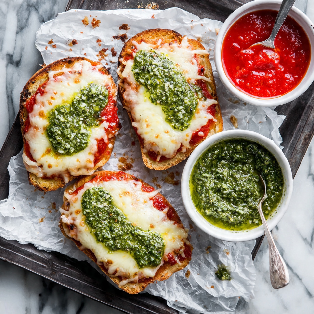 The image shows two pieces of toasted bread topped with three layers: a base layer of red tomato sauce, a middle layer of melted white cheese, and a top layer of bright green pesto sauce spread unevenly. The bread is placed on crumpled white baking paper on a dark tray with some crumbs and small bits of pesto scattered around. There is a small white bowl filled with green pesto on the right side and a larger white bowl filled with thick red tomato sauce in the background, each with their own spoons. The surface underneath the tray has a white marbled texture. photo taken with an iphone --ar 4:5 --v 7