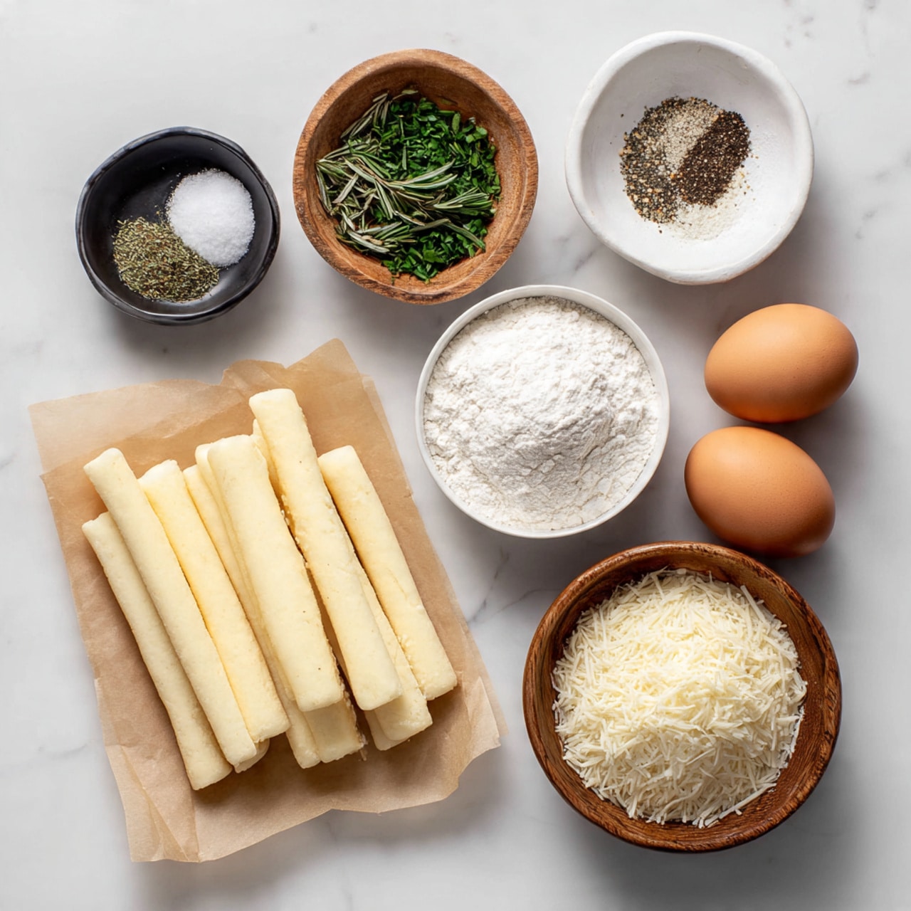 The image shows ingredients arranged neatly on a white marbled surface. There are several sticks of pale yellow cheese layed on a piece of light brown parchment paper near the bottom left. Above the cheese, small bowls are lined up: one black bowl with coarse white salt, a wooden bowl with green dried herbs, and a white bowl with ground black pepper. To the right side, two brown eggs rest beside a white bowl filled with white flour. Next to that is a wooden bowl filled with light, flaky white panko breadcrumbs. Photo taken with an iphone --ar 4:5 --v 7