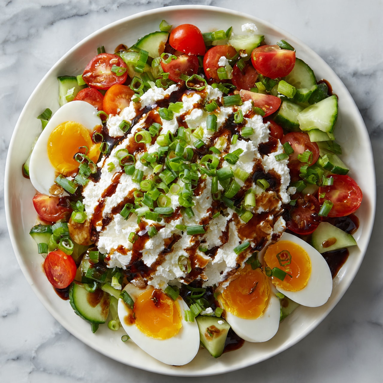The dish is served in a white round plate placed on a white marbled surface. At the bottom, there is a layer of chopped green cucumbers and red tomatoes, mingled together with fresh green onion pieces scattered on top. Arranged around the edge of the plate are quartered hard-boiled eggs with vibrant yellow yolks and white edges. In the center, there is a thick mound of white cottage cheese, drizzled generously with dark balsamic glaze. The green onion slices are also sprinkled on the cheese, adding fresh color and texture. The overall look is fresh, colorful, and layered with vegetables, cheese, and sauce. photo taken with an iphone --ar 4:5 --v 7
