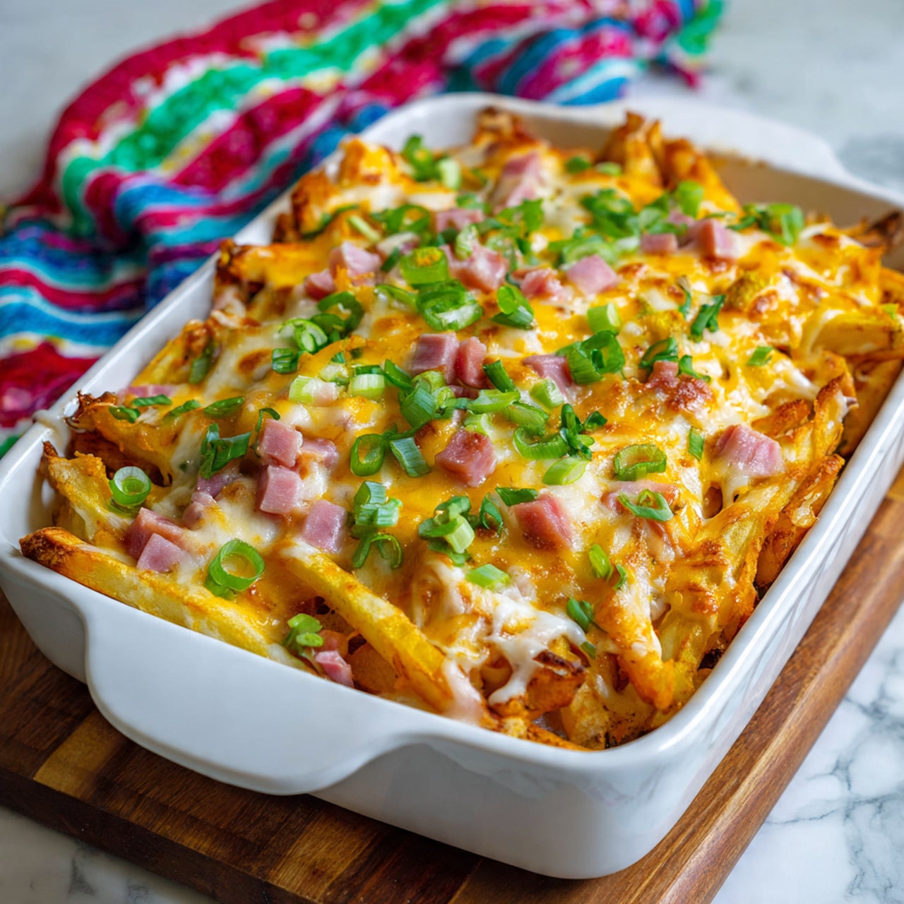 This image shows a white rectangular baking dish filled with a layered mix of cooked potato sticks that are golden brown with orange seasoning, scattered small pieces of pink ham, melted light yellow cheese spread unevenly on top, and sprinkled chopped green onions. The dish rests on a wooden board with a white marbled surface underneath, and a colorful striped cloth with red, green, and blue lines is partially visible in the background. photo taken with an iphone --ar 4:5 --v 7