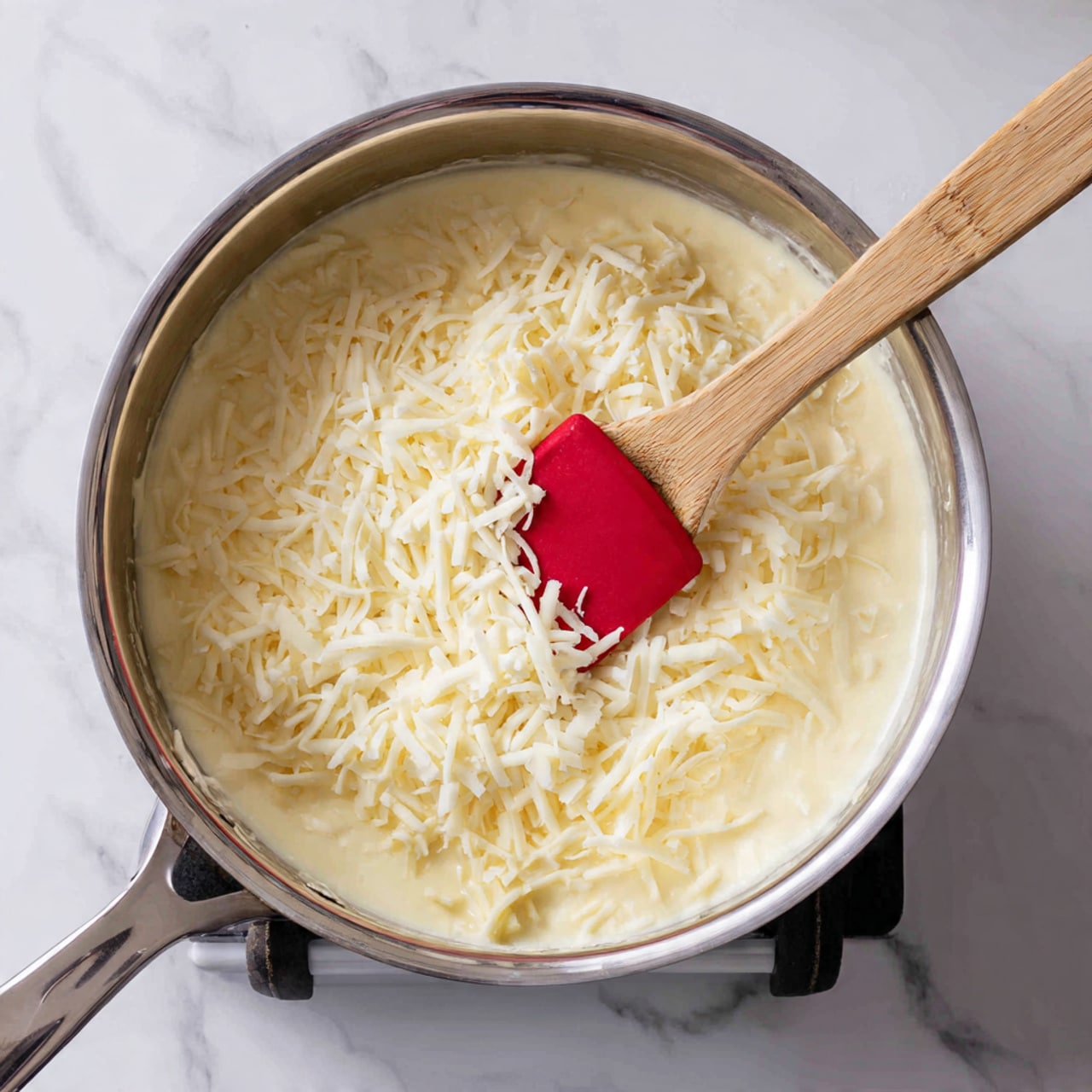 A close-up view of a shiny silver pot on a stove with a white marbled surface, filled with a creamy light yellow sauce as the base layer. The sauce is topped with a thick layer of white shredded cheese covering almost the entire surface. There is a wooden spoon with a red silicone spatula end placed diagonally inside the pot, slightly pressing into the cheese. Photo taken with an iphone --ar 4:5 --v 7