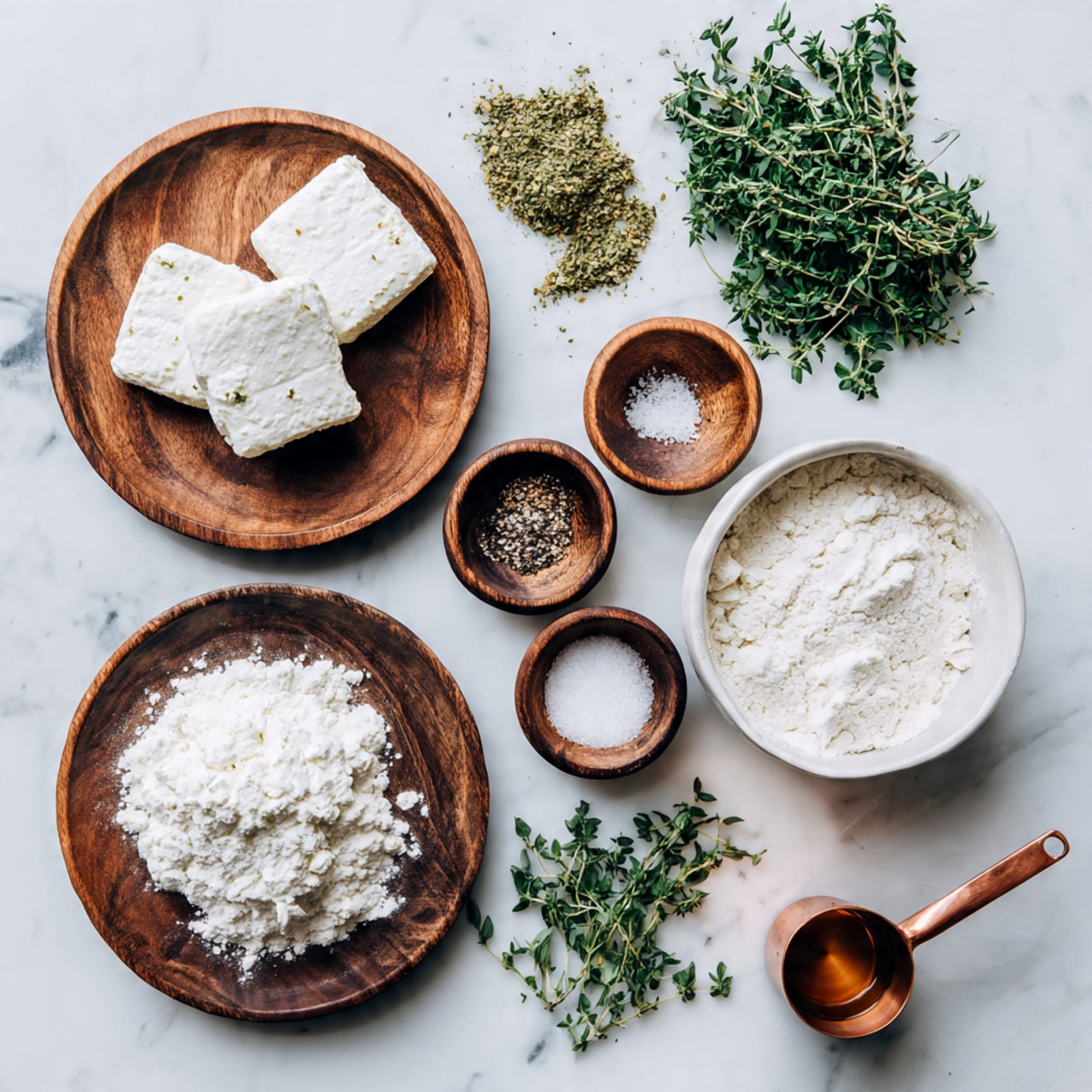 The image shows ingredients arranged on a white marbled surface. On the left, two small piles of white soft cheese rest on round wooden plates. In the center, small wooden bowls hold white salt, crushed black pepper, and dry yeast powder. Above the bowls, three small bunches of fresh green herbs lay scattered. To the right of that, a white bowl is filled with white flour. At the bottom right, a copper measuring cup has a brown liquid inside. The overall setup looks clean and organized for baking or cooking. Photo taken with an iphone --ar 4:5 --v 7