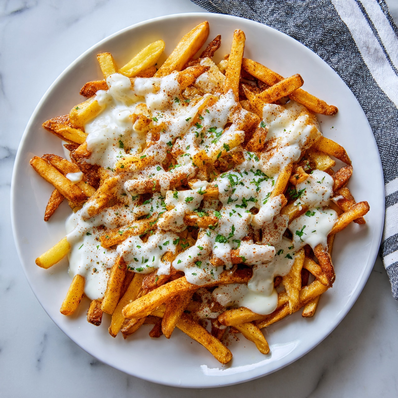 A white plate is filled with a large pile of golden brown fries, each fry showing a mix of crispy edges and soft centers. Over the fries, a creamy white sauce is poured unevenly, covering many fries in thick, smooth patches. Scattered on top are small bits of green herbs, adding a fresh color contrast. A light sprinkling of a dark brown powder is dusted across the sauce, giving a speckled look. The plate sits on a white marbled surface next to a corner of a striped cloth towel. photo taken with an iphone --ar 4:5 --v 7