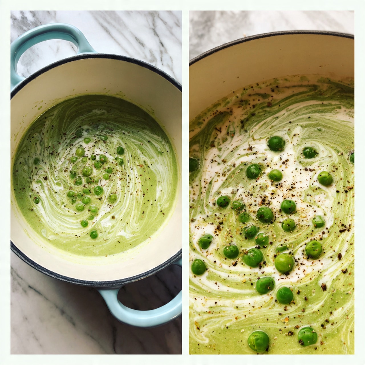 A close-up image shows a bowl of bright green creamy soup with a smooth texture. The soup has swirls of white cream on the surface creating a marbled effect. Several whole green peas are scattered on top, adding a pop of color and texture. Black pepper is lightly sprinkled over the soup. A silver spoon dips into the soup near the center, holding a few peas and a bit of the creamy mix. The bowl is white with a subtle speckled finish, and it sits on a white marbled textured surface. photo taken with an iphone --ar 4:5 --v 7