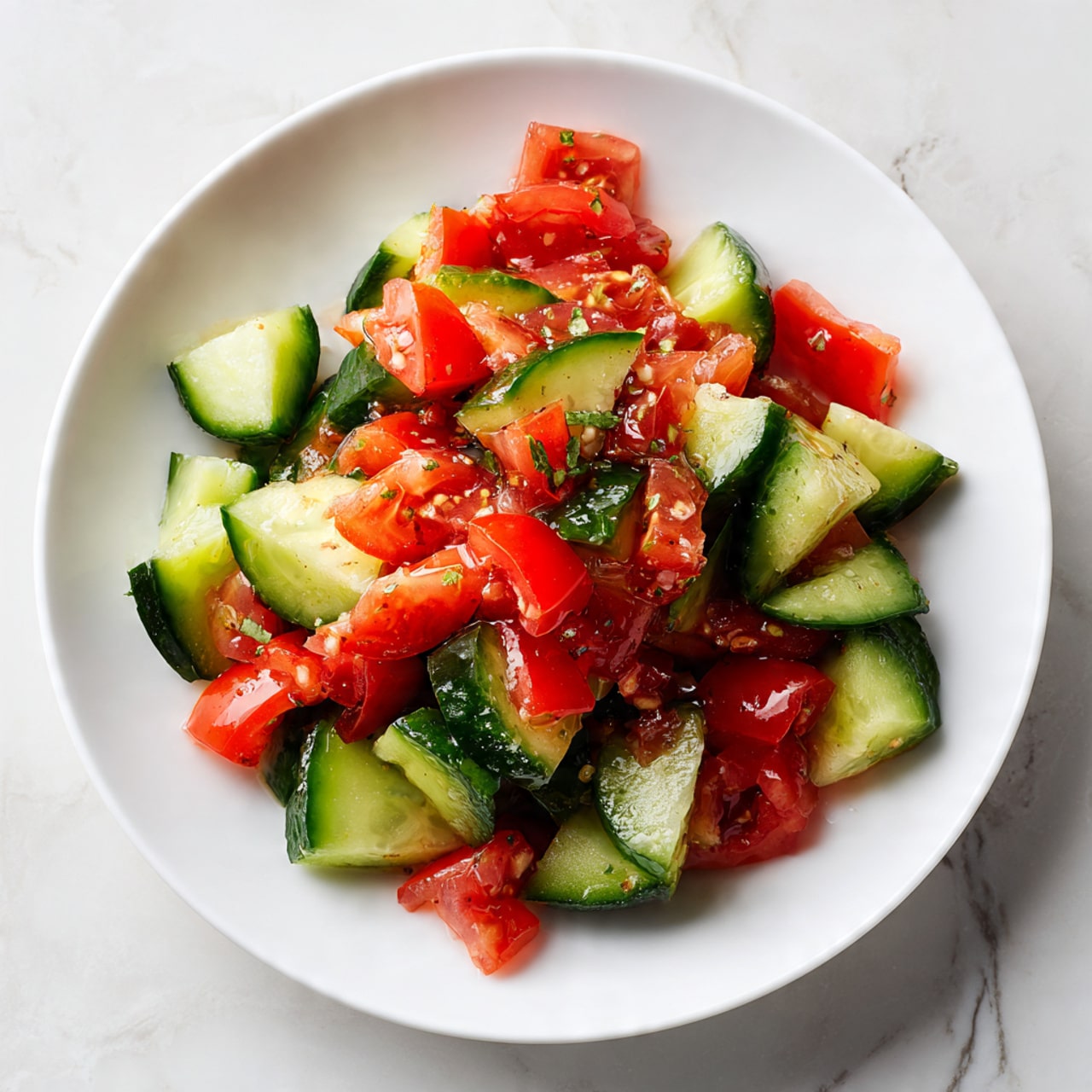 The dish shows a simple salad on a large white plate placed on a white marbled surface. The salad has two visible layers: the bottom layer consists of thick, uneven slices of cucumber with dark green skin and pale green inside. On top, there are many small pieces of bright red tomato with shiny, slightly wet texture scattered all over the cucumber slices. The colors are fresh and bright, making the salad look crisp and healthy. photo taken with an iphone --ar 4:5 --v 7