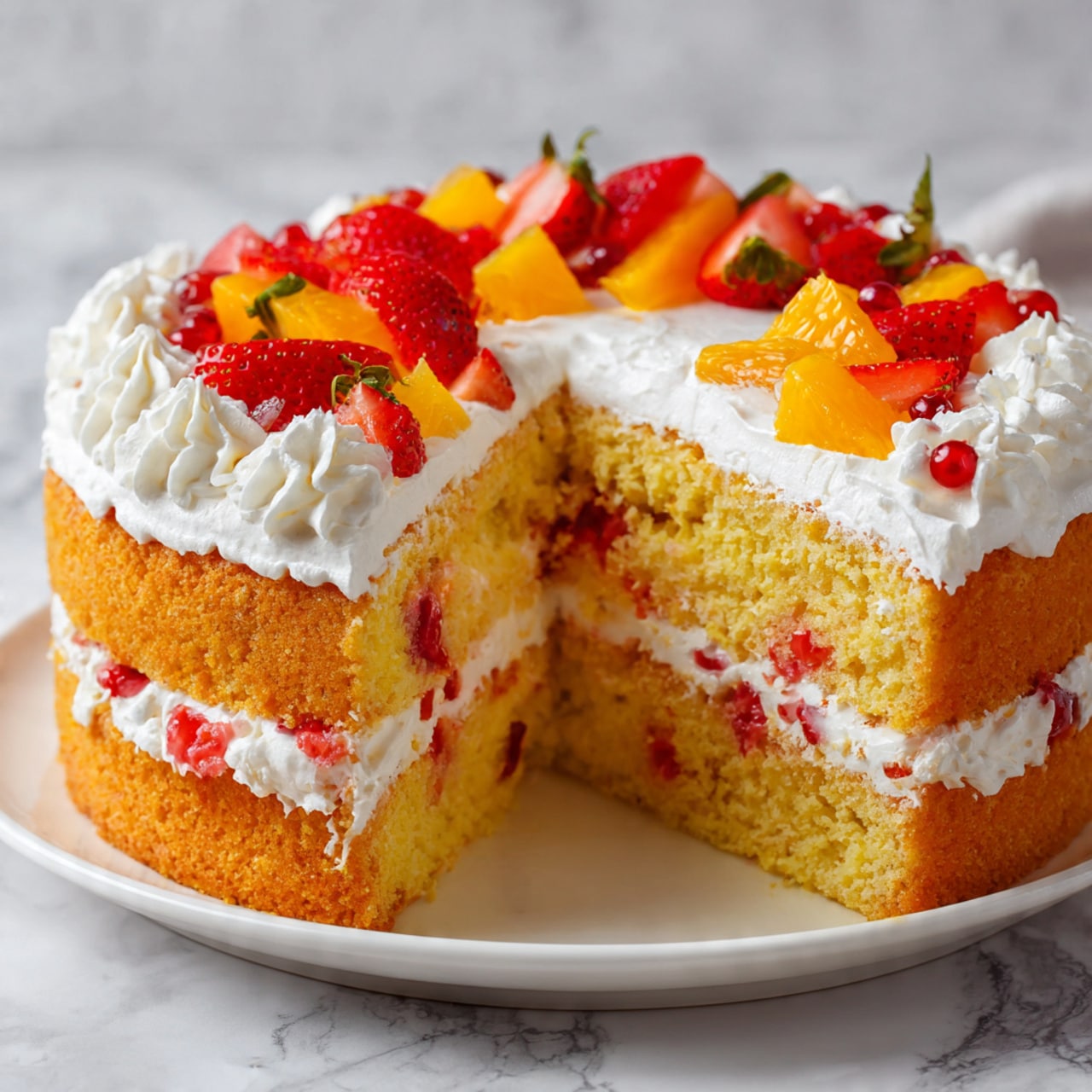 A two-layer yellow sponge cake sits on a white plate, each layer separated by white cream mixed with small pieces of red and orange fruit. The top layer is covered with fluffy white cream and decorated with bright red strawberries, red berries, and chunks of orange fruit. The cake is placed on a smooth white marbled surface, and the background is softly blurred, focusing attention on the vibrant colors and textures of the cake. photo taken with an iphone --ar 4:5 --v 7