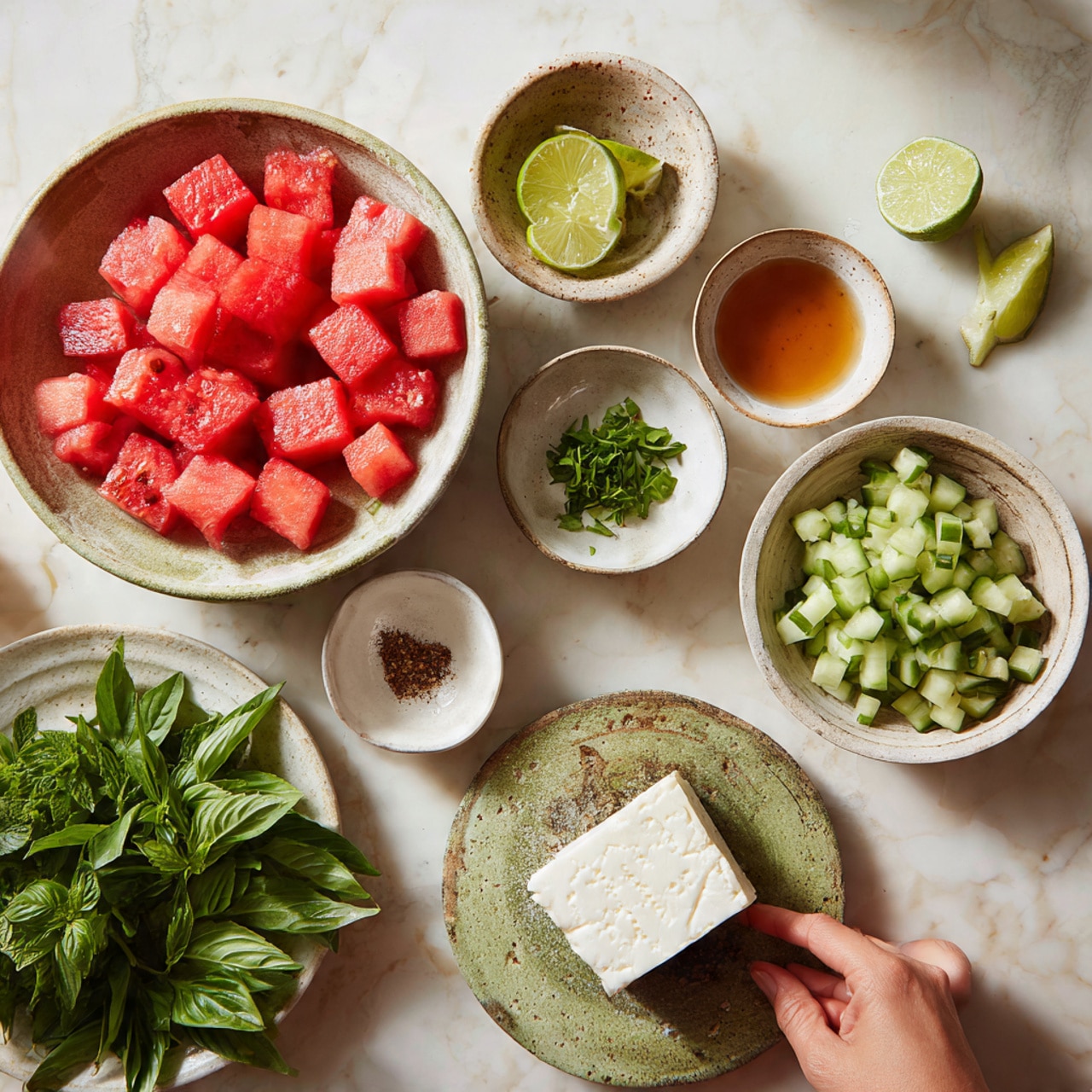 The image shows several bowls and small dishes arranged on a white marbled surface. On the top left, a bowl filled with bright red cubes of watermelon. Next to it, a small dish with half a lime showing its green and yellow inside. Nearby, a small white dish holds a light brown sauce, while another tiny white dish is empty. On the right, a bowl contains chopped pieces of cucumber showing green skin and pale green inside. On the bottom left, a white plate holds green fresh leaves of basil and mint. In the center bottom, another white plate with a large piece of white block cheese. The bowls and plates have a natural, stone-like texture with a slight greenish-brown tone. photo taken with an iphone --ar 4:5 --v 7