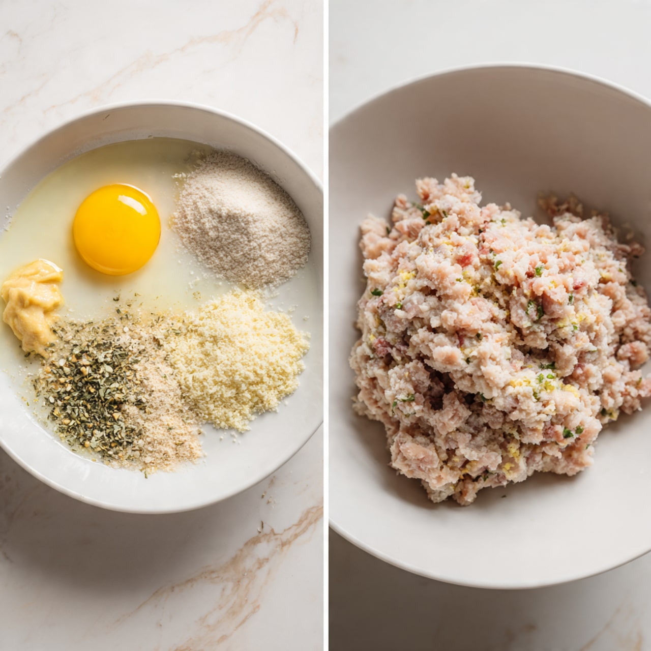 A white bowl on a white marbled surface shows two views of a recipe. On the left is the unmixed ingredients in five sections: a raw egg with bright yellow yolk, light beige granulated powder, raw ground meat in a light pink color with a coarse texture, finely ground breadcrumb mix in pale beige with green herbs, and a small amount of reddish-brown sauce beside light yellow creamy paste. On the right, all ingredients are fully mixed into a single thick, coarse-textured mass in pale pink with flecks of beige and darker spots evenly spread. photo taken with an iphone --ar 4:5 --v 7