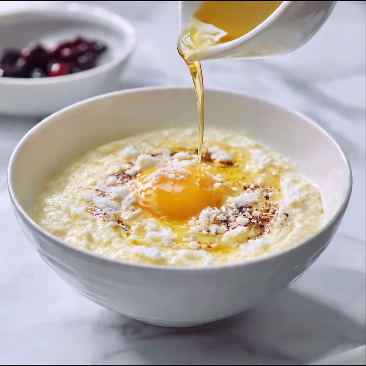 In a close-up view, a white bowl sits on a white marbled surface, filled with a thick, creamy mixture that is pale yellow and textured with small lumps. A golden egg yolk is being poured into the center, with a stream of egg white flowing alongside it, slightly blending into the creamy base. In the background, there is a blurred white bowl with dark red and black ingredients, adding a subtle contrast to the scene. photo taken with an iphone --ar 4:5 --v 7