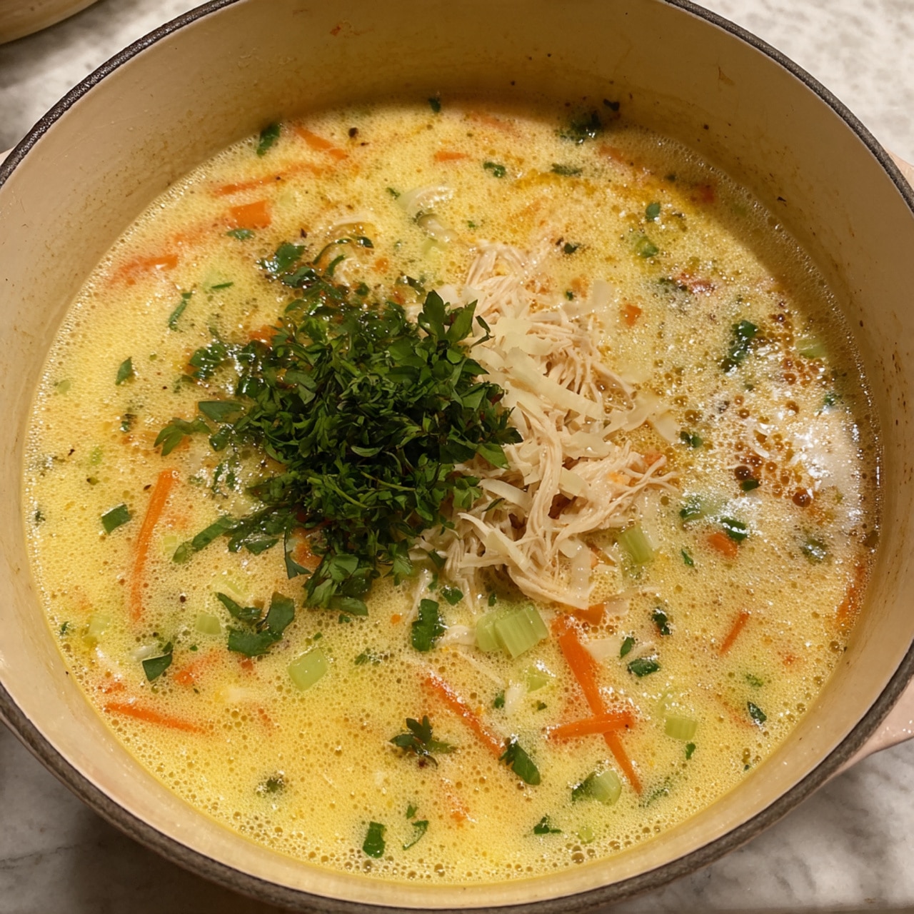 The image shows a pot with creamy chicken soup inside. The soup has a yellow base with small bits of green celery and orange carrot strips mixed throughout. In the middle, there is a small pile of shredded pale chicken topped with fresh green herbs. The soup looks thick and smooth with bubbles near the edges. The pot is white and the surface underneath is a white marbled texture. photo taken with an iphone --ar 4:5 --v 7