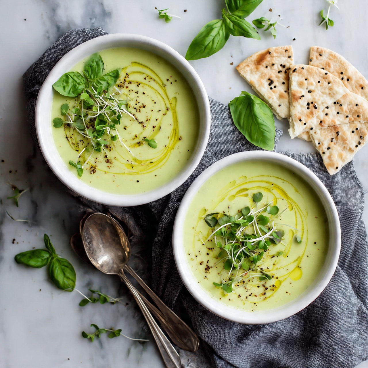 Two white bowls filled with a smooth light green soup topped with swirls of olive oil, black pepper, and small green microgreens. One bowl also has a sprig of fresh green basil resting on the edge. The bowls are sitting on a dark grey cloth placed on a white marbled surface with fresh green basil leaves nearby. There are two silver spoons and a piece of crisp flatbread with black specks on the surface. The lighting is bright and natural, highlighting the creamy texture of the soup. photo taken with an iphone --ar 4:5 --v 7
