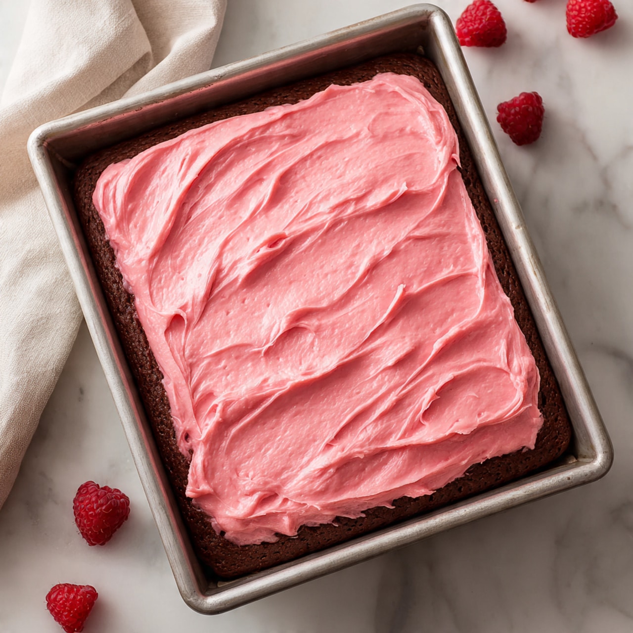 A large rectangular chocolate cake sits inside a metal baking pan, covered with one thick, smooth layer of bright pink frosting that has visible swirling textures from being spread. The edges of the cake peek slightly under the frosting, showing a dark brown color. The pan rests on a white marbled surface with a few red raspberries scattered nearby and a light beige cloth partially visible beside the pan. Photo taken with an iphone --ar 4:5 --v 7