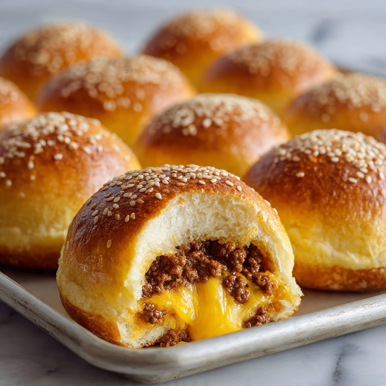 The image shows round, golden brown buns topped with white sesame seeds. Each bun has a shiny surface with a soft, fluffy texture inside. One bun is bitten on the side, revealing two layers inside: a top layer of cooked ground meat in dark brown color, and below it a melted, bright yellow cheese that is flowing out. The buns are placed closely together on a baking tray, with more buns blurred softly in the background. The surface beneath the tray is a white marbled texture. photo taken with an iphone --ar 4:5 --v 7