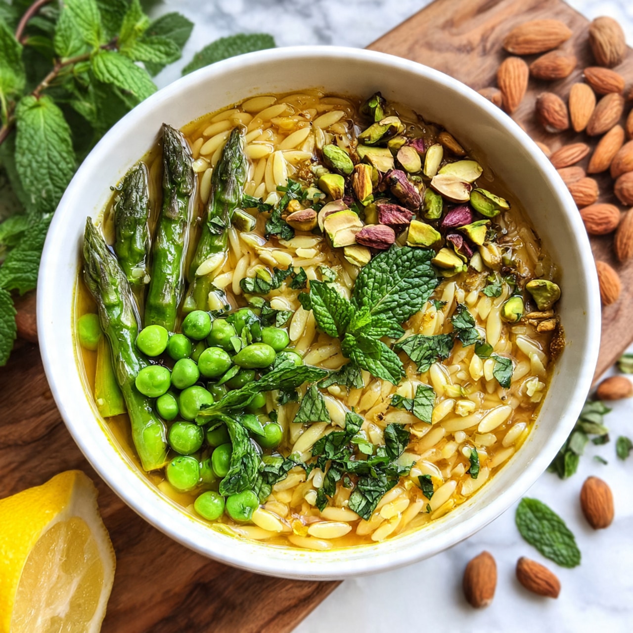 The image shows a white bowl filled with a warm, soup-like dish featuring layers of small, light yellow orzo pasta submerged in a yellowish broth. On top, there are bright green peas and whole asparagus stalks, adding a fresh, vibrant color contrast. The dish is garnished with a mix of chopped green leafy herbs and scattered whole nuts, including almonds and pistachios, giving it a textured and colorful finish. The bowl is placed on a wooden surface with fresh mint leaves and a lemon slice nearby, all set against a white marbled texture background. Photo taken with an iphone --ar 4:5 --v 7