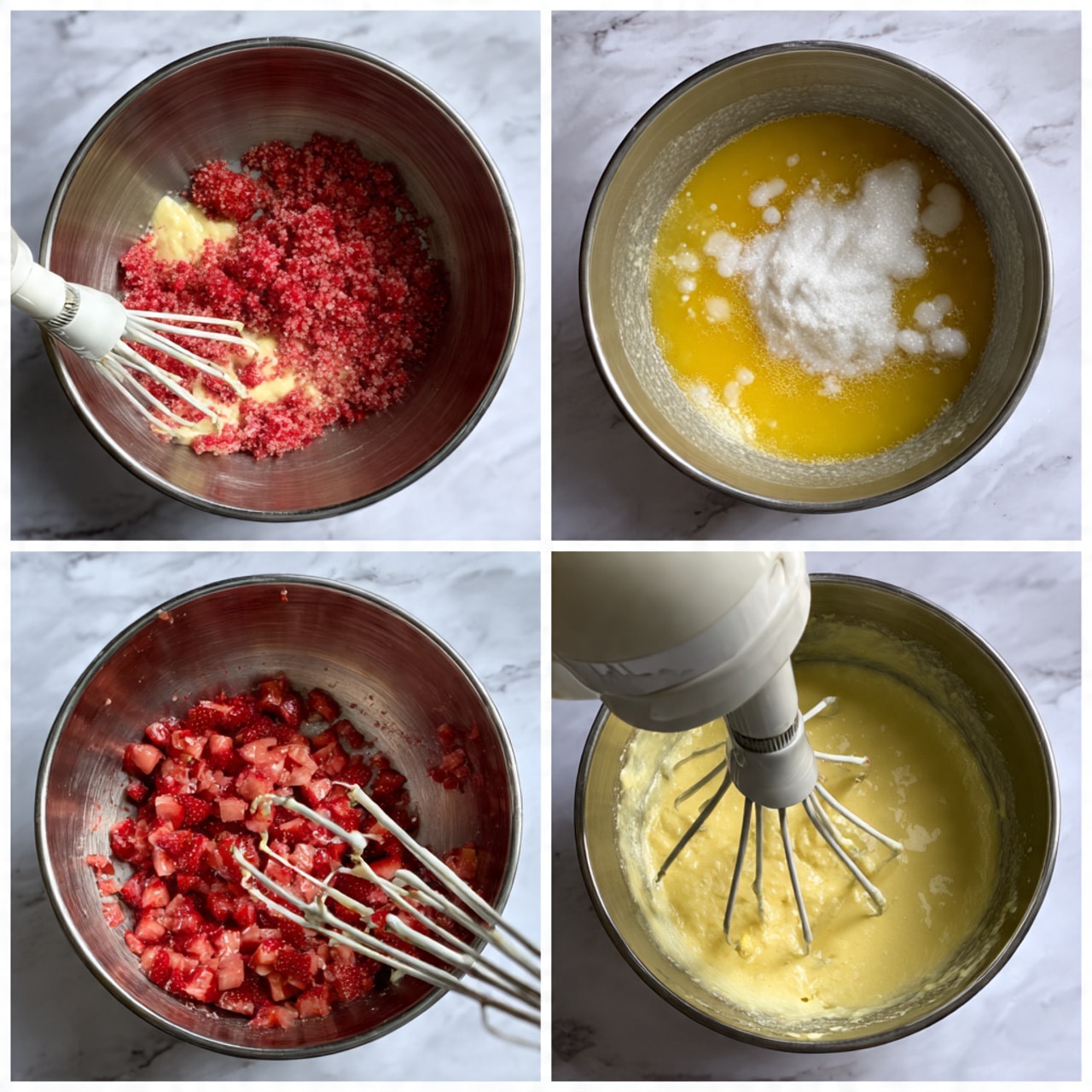 The image shows four close-up steps of making a strawberry batter in a mixer bowl with a white marbled background. First, finely chopped red strawberries with bits of their soft texture fill the bottom of a metal bowl with a blade in the center. Next, a mix of yellow egg yolks and white sugar sits next to a fluffy white ingredient being mixed by white beaters. The third step shows the mixture turned smooth and creamy light yellow with the beaters still in action. In the last frame, the chopped bright red strawberries are added on top of the thick creamy batter, with the white beaters ready to mix everything together. photo taken with an iphone --ar 4:5 --v 7