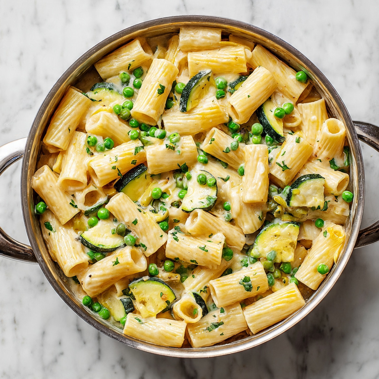 The image shows a close-up of a pan filled with creamy pasta. The pasta is rigatoni, tube-shaped and yellowish in color. Mixed evenly with the pasta are pieces of green zucchini, some cut into small half circles, and bright green peas scattered throughout the dish. The creamy sauce coats the pasta and vegetables, giving a glossy, smooth texture in pale off-white. The pan is silver metal with handles, and the background is a white marbled texture. photo taken with an iphone --ar 4:5 --v 7