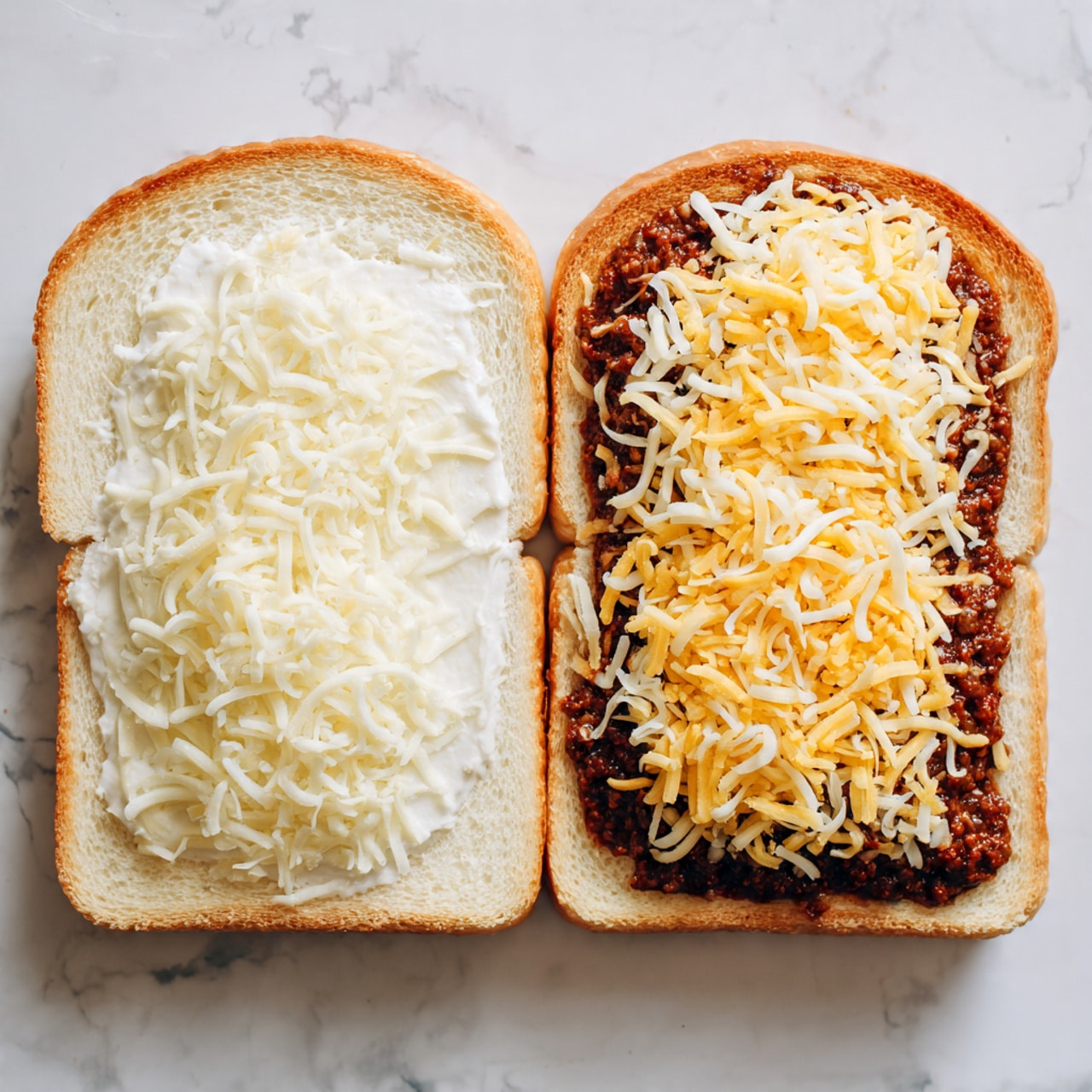 The image shows two slices of white bread laid flat on a white marbled surface. The first layer is plain bread with a soft texture and small air holes. Next, a thick, even layer of white spread covers both slices, creating a smooth surface. On top of that, a rich and chunky dark brown mixture is added, fully covering each slice with a slightly crumbly texture. The final layer is a generous amount of shredded yellow and white cheese sprinkled evenly over the brown mixture, adding a textured and colorful finish to the top of the slices. Photo taken with an iphone --ar 4:5 --v 7