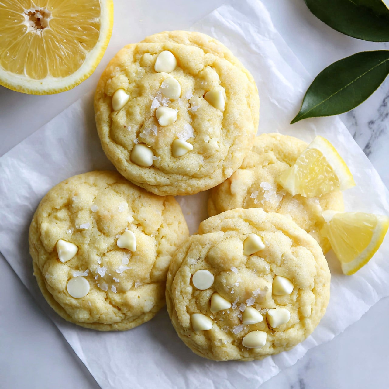 The image shows four pale yellow cookies with a soft, slightly bumpy texture and small white chocolate chips scattered on top, some with coarse sugar sprinkles that add a bit of shine. They are laid on white parchment paper over a white marbled surface. Alongside the cookies, there is one lemon half with a bright yellow rind and juicy, translucent pale yellow inside, and a small lemon wedge with the same colors. In the upper right corner, a small part of a green leaf is visible, adding a touch of fresh color. photo taken with an iphone --ar 4:5 --v 7