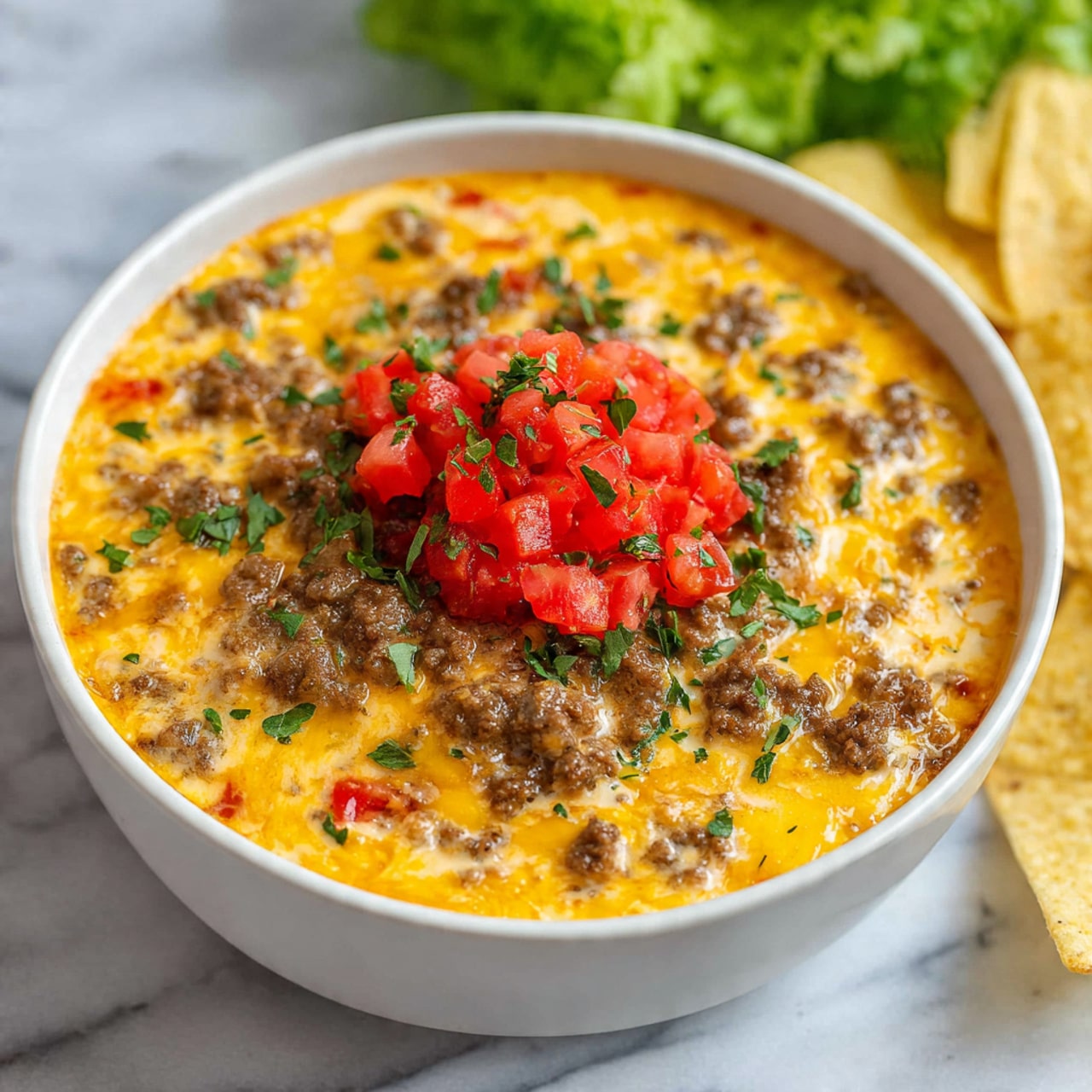 A white bowl filled with thick, creamy yellow cheese dip mixed with small pieces of browned ground meat and bits of tomato, creating a textured surface. On top in the center, there is a small mound of bright red chopped tomatoes that add a pop of color against the cheese dip. The bowl sits on a white marbled surface with some green lettuce blurred in the background and a few pale yellow tortilla chips visible at the edge of the frame. Photo taken with an iphone --ar 4:5 --v 7