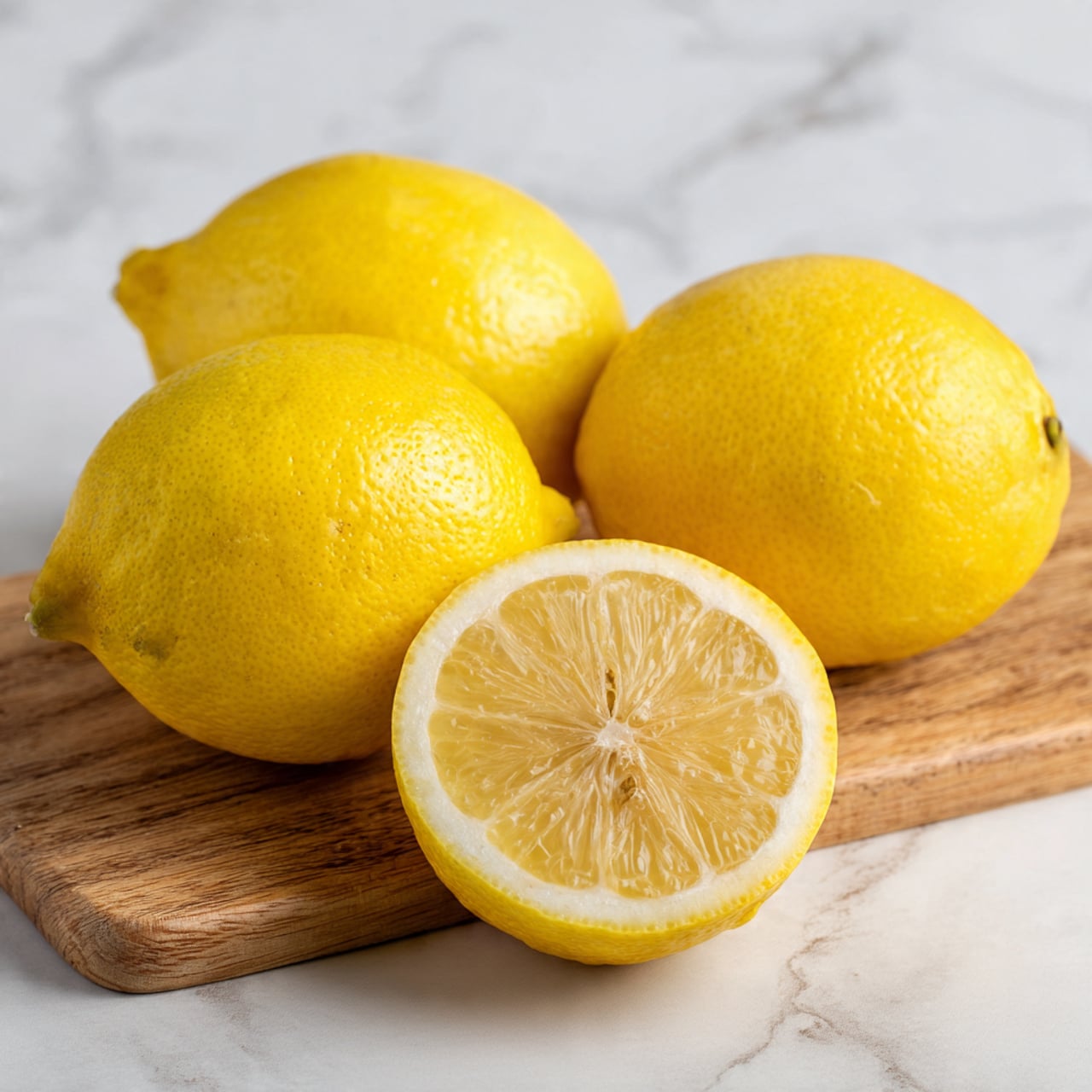 The image shows three lemons on a wooden board against a white marbled background. Two whole lemons have a bright yellow, slightly bumpy texture with small pores on their skin. One lemon is cut in half and placed in front of the whole lemons, showing the pale yellow inside with a smooth, moist texture and a small star-shaped pattern in the center. The wooden board has a natural, light brown color with visible wood grain lines. photo taken with an iphone --ar 4:5 --v 7