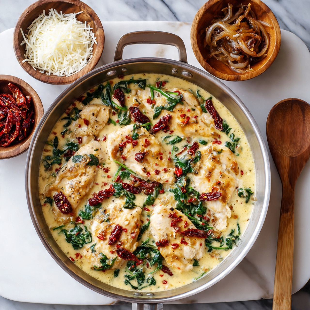 A round stainless steel pan filled with a creamy, light yellow sauce holds multiple pieces of white chicken slices mixed with dark green spinach leaves. On top, scattered dark red sun-dried tomato pieces and small red chili flakes add bright color contrasts. On the left side of the pan, there are two small wooden bowls on a white marbled board, one with shredded white cheese and the other with sun-dried tomatoes. On the right side, a wooden spoon with caramelized onions rests on the white marbled board. The whole setup is on a white marbled surface. photo taken with an iphone --ar 4:5 --v 7