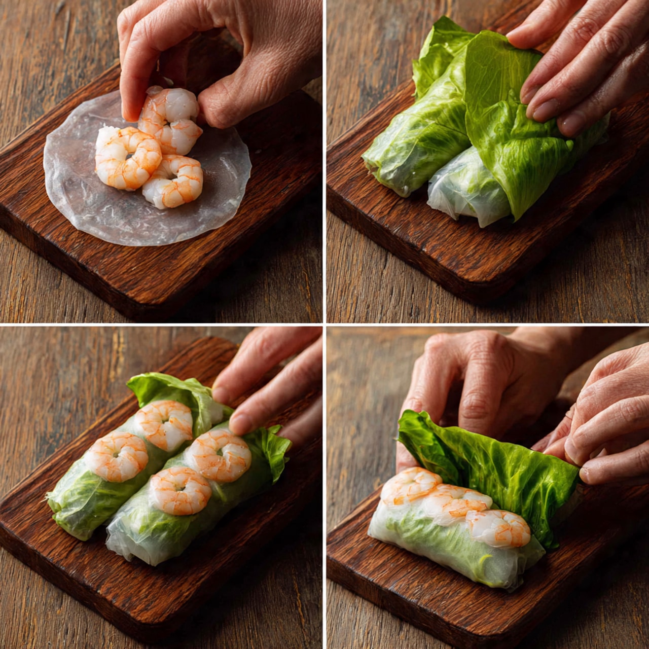 A sequence of four close-up photos shows a woman's hands wrapping a fresh spring roll on a dark wooden board. In the first image, three cooked shrimp with pink and white colors are aligned on a translucent rice paper circle. The second and third photos show the woman folding a bright green lettuce leaf over the shrimp from the bottom upward, wrapping the ingredients tightly with the rice paper. In the final photo, the wrapped spring roll reveals the three shrimp pressed clearly against the smooth, translucent rice paper layer. photo taken with an iphone --ar 4:5 --v 7