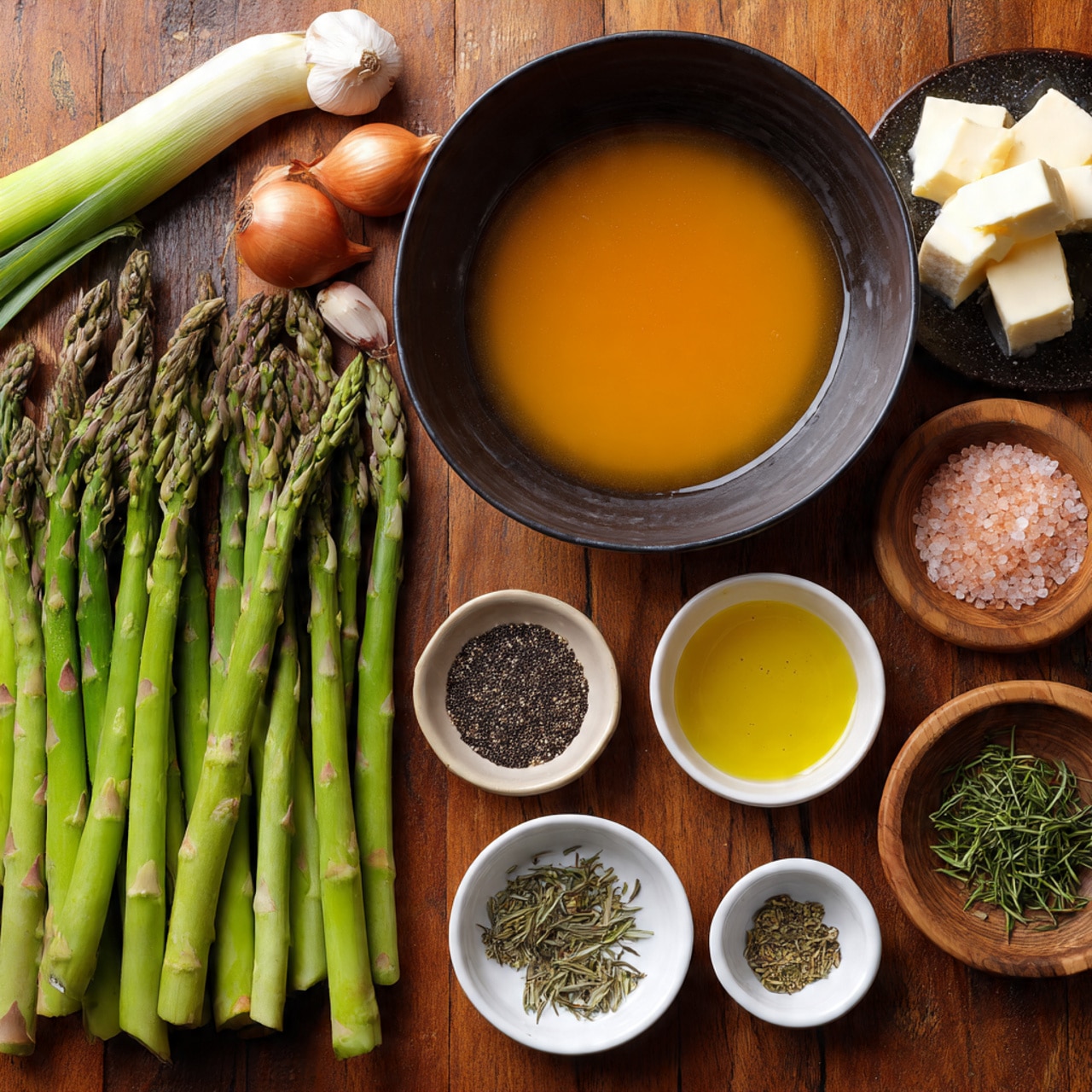 The image shows a wooden surface with fresh green asparagus stalks arranged in two groups on the left and right sides. In the center, there is a large dark bowl filled with orange-colored liquid, likely broth or stock. Surrounding the bowl and asparagus are small white bowls with various ingredients, including black pepper, dried herbs, pink salt, oil, garlic cloves, and a block of white cheese. Two shallots and a piece of leek rest near the top of the frame. The scene is neatly organized with natural lighting, capturing the rich colors and textures of the fresh ingredients. Photo taken with an iphone --ar 4:5 --v 7