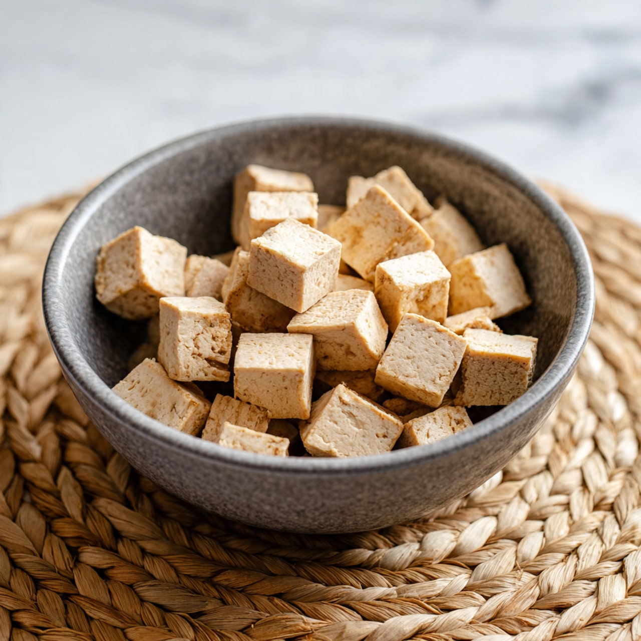 A gray ceramic bowl filled with many small, evenly sized light brown tofu cubes with a slightly textured surface, all scattered loosely inside. The bowl rests on a woven mat, with a white marbled background visible above and behind it. The tofu cubes have a soft, matte look with some rough edges. Photo taken with an iphone --ar 4:5 --v 7
