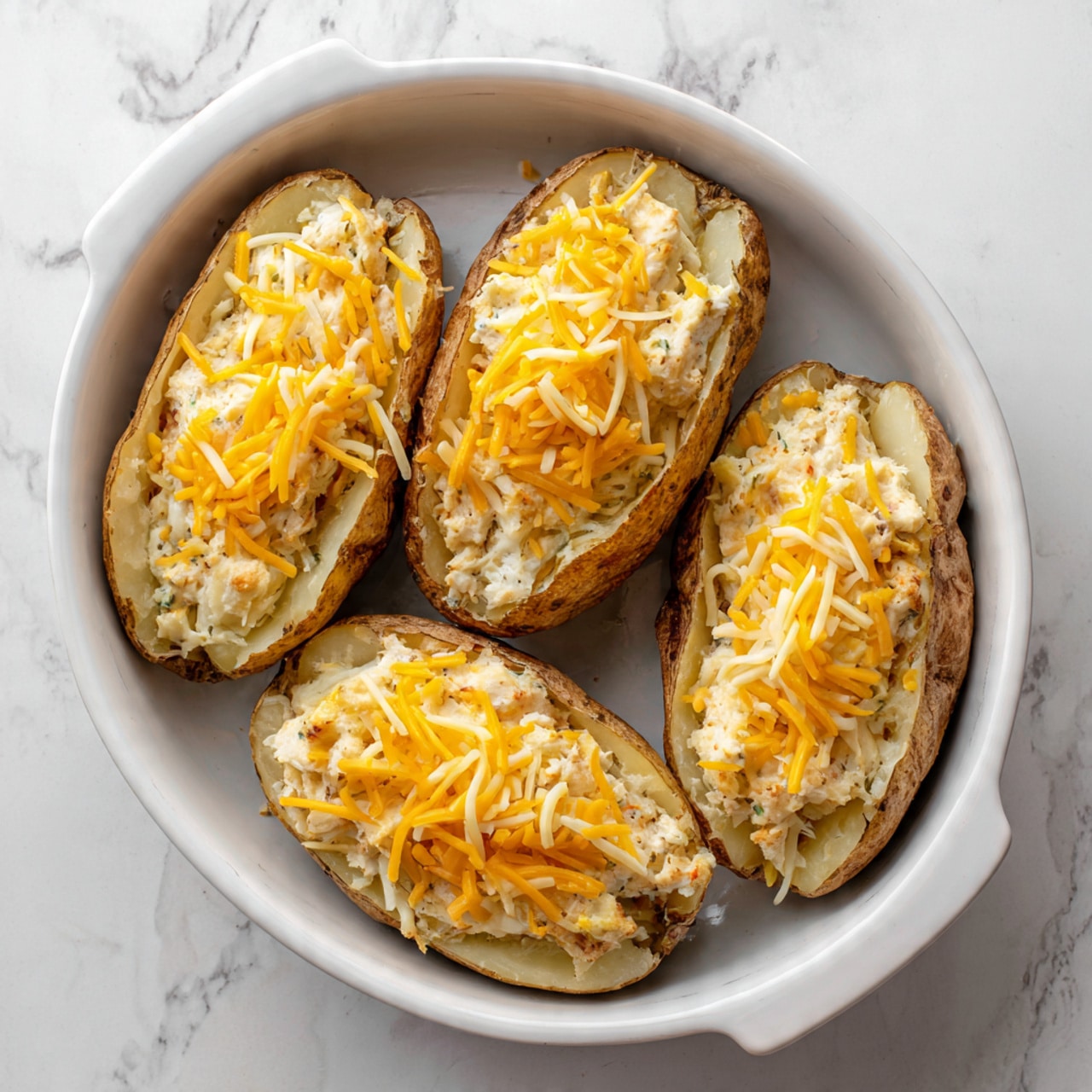 The image shows a white baking dish with four baked potatoes that have been sliced open lengthwise and filled with a beige, chunky mixture. Each potato is topped with thin, shredded yellow cheese scattered over the filling. The potato skins are light brown with a slightly rough texture, contrasting with the creamy inside mixture and the bright yellow cheese on top. The baking dish sits on a white marbled surface. photo taken with an iphone --ar 4:5 --v 7