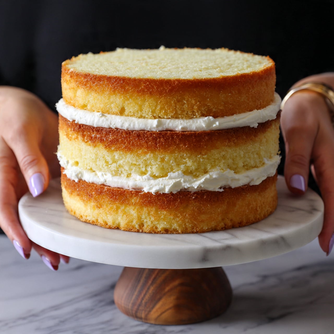A three-layer light yellow cake with two layers of white cream filling inside, each cake layer soft and moist with a slightly golden top edge, held gently by a woman's hands with light purple polished nails on each side, placed on a white round board atop a white marble cake stand with a wooden pedestal base, all set against a black background photo taken with an iphone --ar 4:5 --v 7