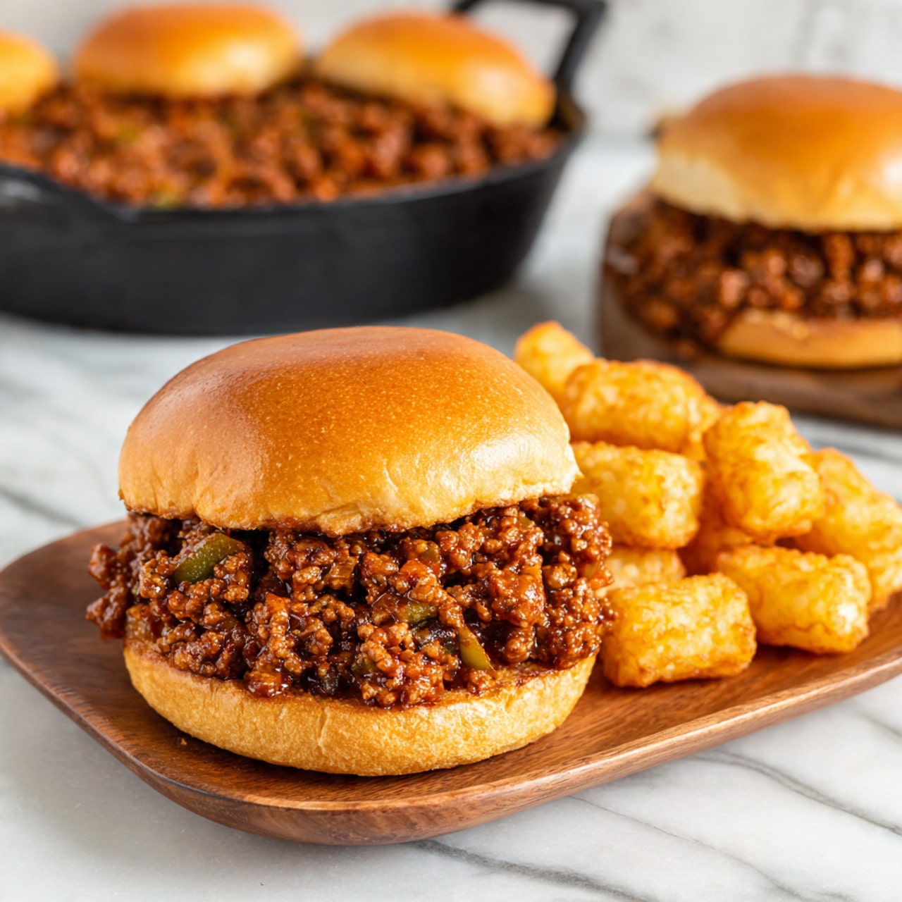 This image shows a sandwich on a soft, shiny light brown bun filled with a thick, chunky meat mixture that looks like ground beef mixed with small pieces of cooked vegetables in a rich brown sauce. The sandwich appears to be on a wooden rectangular plate next to golden, round, crispy tater tots. In the background, there is a black skillet filled with more of the meat mixture and two more sandwiches on buns, all placed on a white marbled surface. The overall scene is bright and clear. photo taken with an iphone --ar 4:5 --v 7