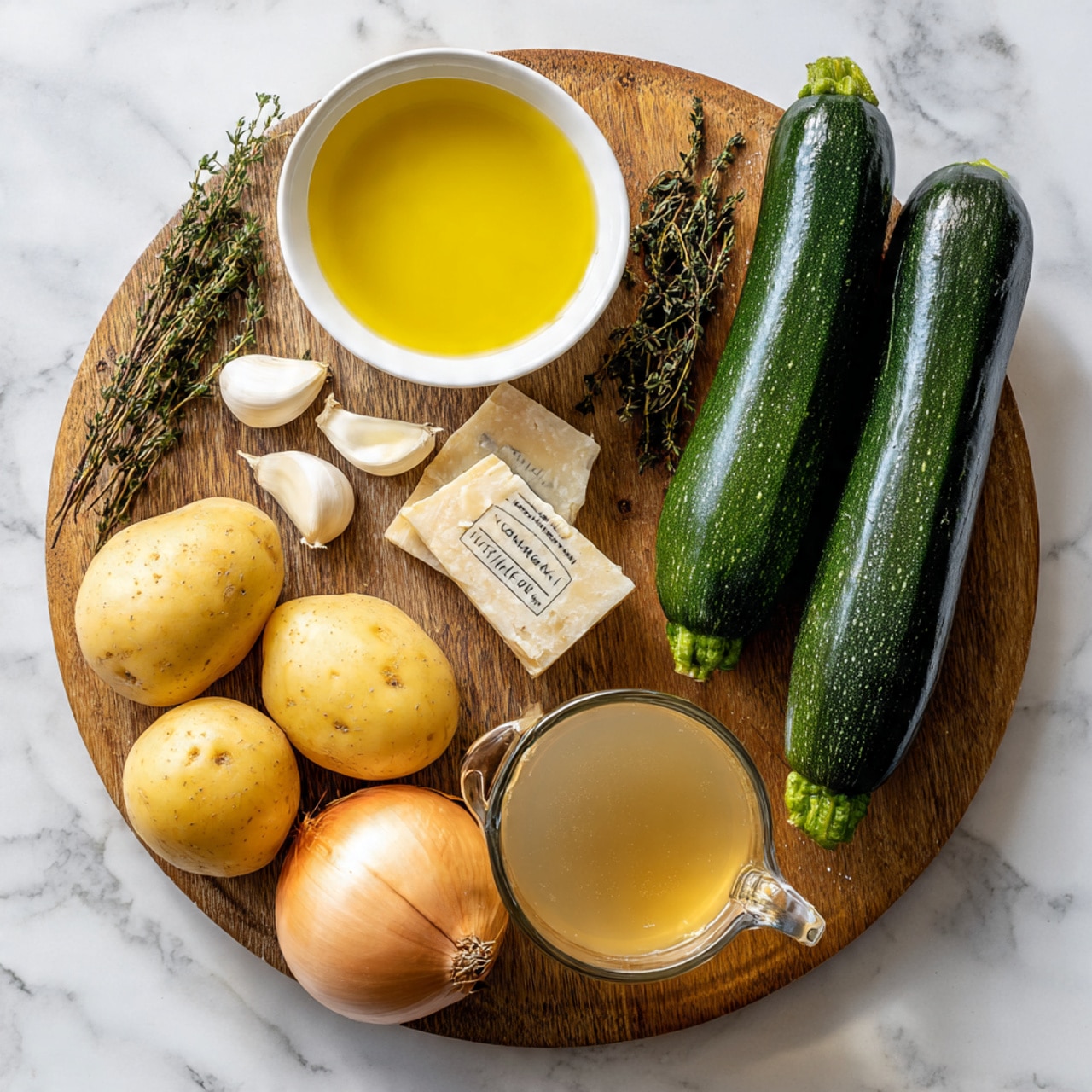 A round wooden board holds several cooking ingredients arranged neatly: top left has a small white bowl filled with bright yellow olive oil, beside it are two peeled garlic cloves and a small twig of green thyme. On the right side, two dark green zucchinis lie parallel. Below the garlic and thyme, a small piece of pale Parmesan rind with black text is placed. On the bottom left, there are three round yellow potatoes and a large light brown onion with its root end facing outward. At the bottom right, a clear glass measuring cup contains a light golden broth. The whole setup is on a white marbled surface photo taken with an iphone --ar 4:5 --v 7
