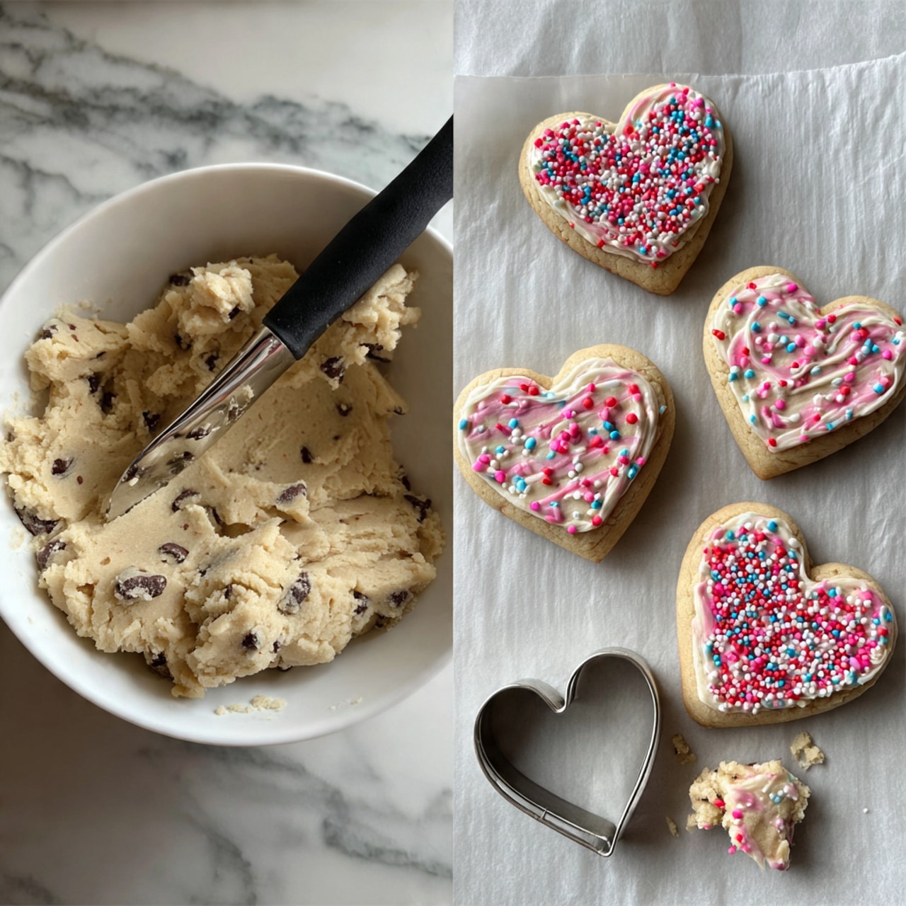 The image shows two parts: on the left, a clear white bowl filled with light brown cookie dough with small dark chocolate chips mixed in. A black spatula is resting inside the bowl, partially covered by the dough with a smooth and soft texture. On the right, there are four heart-shaped cookies on white parchment paper on a white marbled surface. The cookies are light brown with darker chocolate swirls and colorful pink, red, and white sprinkle hearts scattered on top. One cookie is framed by a metal heart-shaped cutter, and another cookie is broken with a piece beside it. Photo taken with an iphone --ar 4:5 --v 7