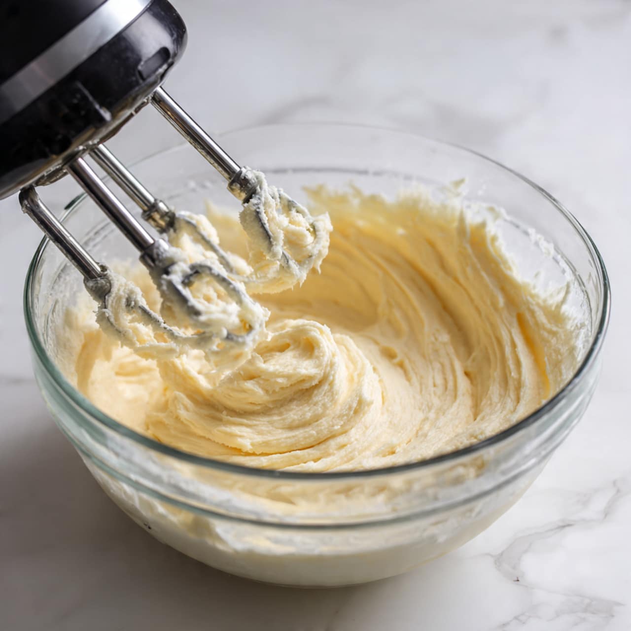 A clear glass bowl sits on a white marbled surface, filled with a creamy pale yellow mixture being whipped by a black mixer with silver beaters. The mixture has a soft, fluffy texture with swirls and peaks formed by the mixing action. The electric mixer beaters, partly coated with the mixture, are positioned slightly above the bowl's center. The overall scene shows motion and the start of a creamy preparation. Photo taken with an iphone --ar 4:5 --v 7