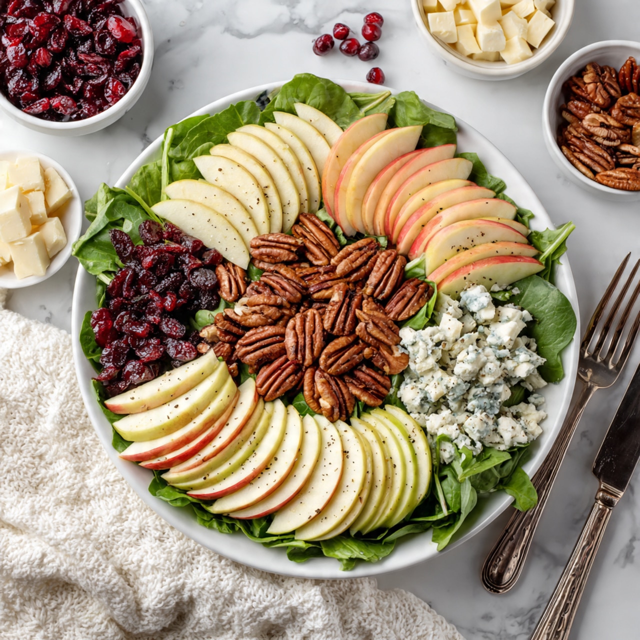 A white plate filled with a fresh salad with three main layers: the bottom layer is a mix of green leafy vegetables including spinach and lettuce, the middle layer consists of thinly sliced green and red apple slices arranged in small fans evenly spaced around the plate, and the top layer is scattered with whole pecans, small chunks of white and blue cheese, and dried dark red cranberries. The salad is sprinkled lightly with black pepper. The plate is placed on a table with a white marbled texture, surrounded by small bowls filled with pecans, dried cranberries, sliced apples, and crumbled cheese. A white textured cloth is draped near the plate, with a fork and knife on the right side. Photo taken with an iphone --ar 4:5 --v 7