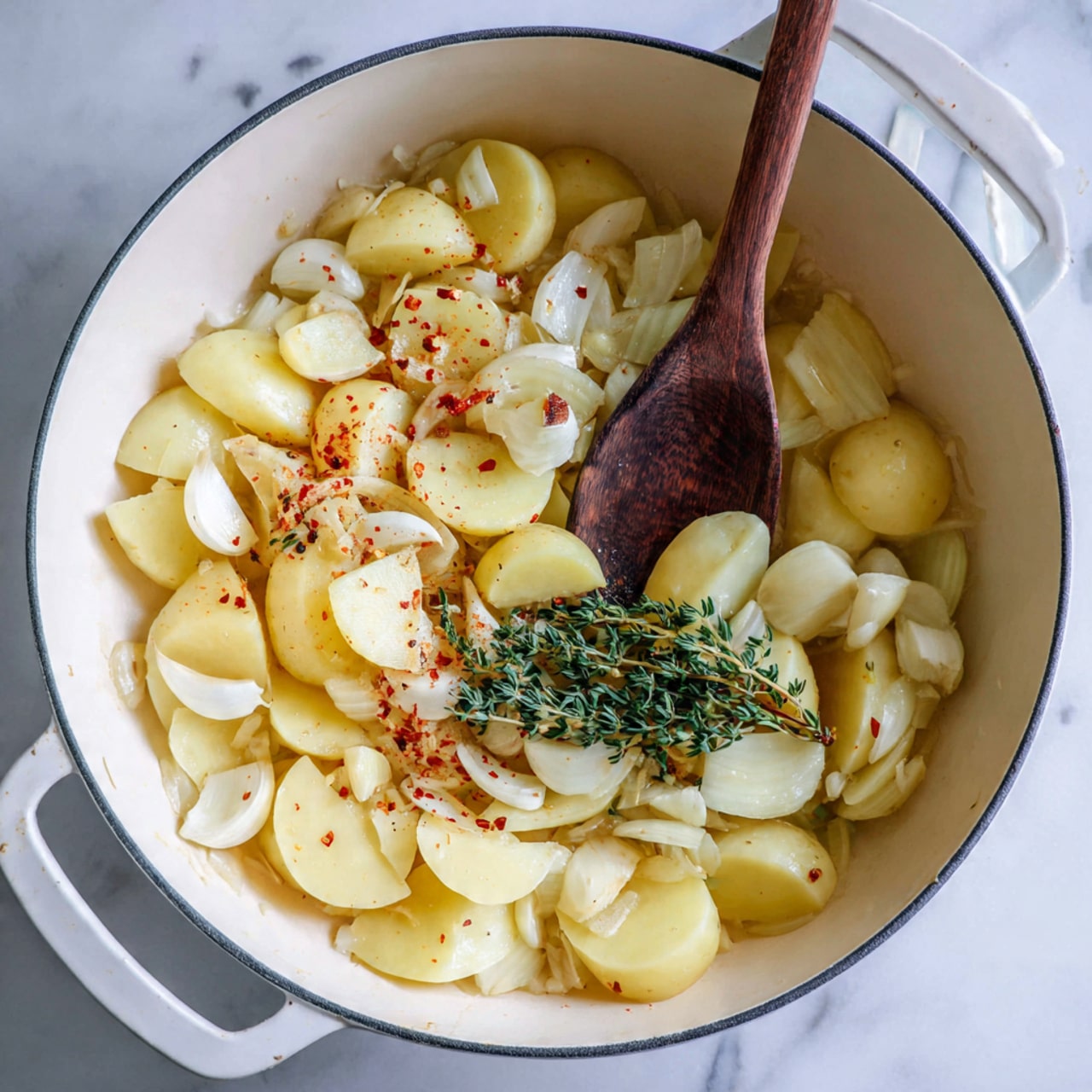 A close-up shot of a white pan showing the process of cooking chopped light yellow potatoes mixed with thinly sliced pale white onions, small garlic pieces, fresh dark green thyme sprigs, and a dark wooden spoon resting in the middle. The pan also contains some red spices sprinkled on top, adding tiny spots of color. The surface under the pan is a white marbled texture. Photo taken with an iphone --ar 4:5 --v 7