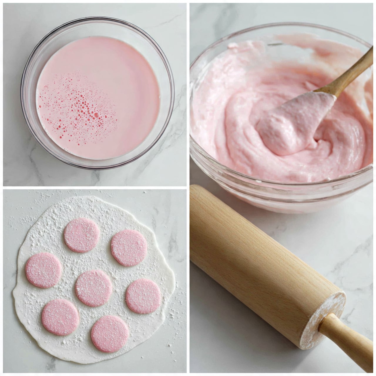 The image shows three stages of making pink dough. The top left part has a clear bowl with smooth, light pink liquid batter inside, with tiny bubbles on the surface. The top right part displays the batter turned into a thick, creamy pink dough in a clear bowl, with a wooden spoon covered in dough resting inside. The bottom part shows the flattened pink dough rolled out on white parchment paper, with eight round shapes cut out and light dusting of flour on top. A wooden rolling pin is lying on the right side on a white marbled surface. photo taken with an iphone --ar 4:5 --v 7