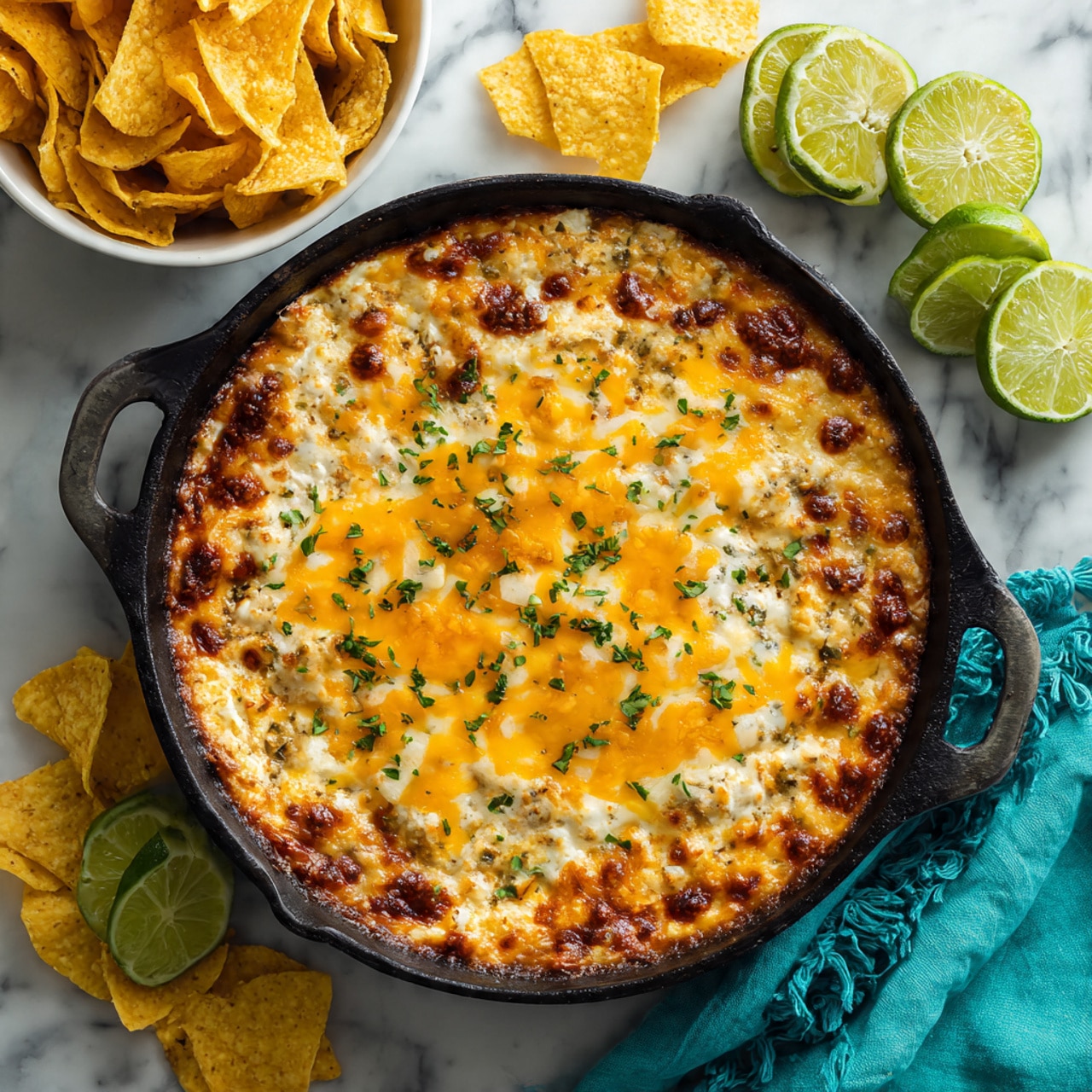 The dish is in a black cast iron pan showing several layers: the base layer is a thick, dark brown chili mixed with beans, topped with uneven melted layers of bright yellow and white cheese spreading across the surface. On one side, a generous amount of small, golden, curved corn chips are layered, some lightly sprinkled with green herbs. The pan sits on a white marbled surface with scattered green herbs around. Nearby are lime wedges, and a white bowl filled with similar corn chips. A turquoise cloth napkin is visible at the edge. Photo taken with an iphone --ar 4:5 --v 7